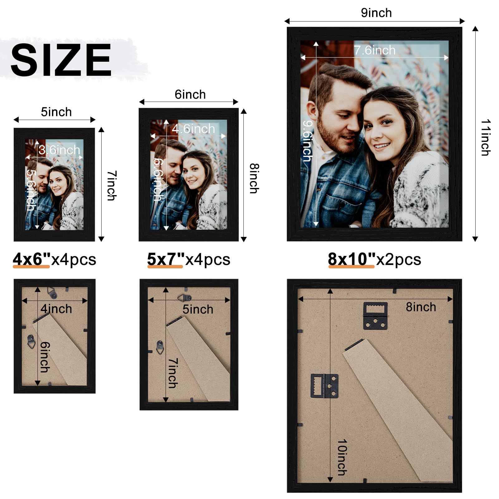 Vittanly 10 Pack Picture Frames Collage Wall Decor, Gallery Wall Frame Set for Wall or Tabletop Display, Multi Sizes with Two 8x10, Four 5x7, and Four 4x6 Photo Frames, Black