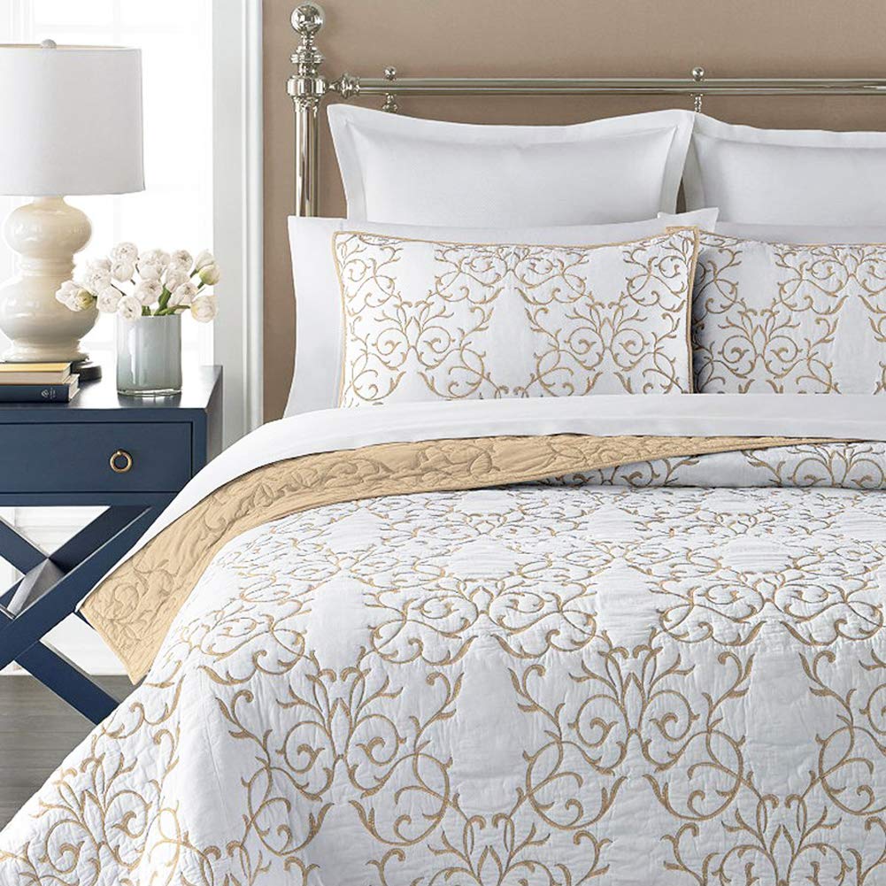 mixinni Quilt King Size Reversible Soft Cotton 3-Piece Beige Embroidery Pattern Elegant Quilt Set with Embroidered Decorative Shams Soft Bedspread&Coverlet Set-King Size