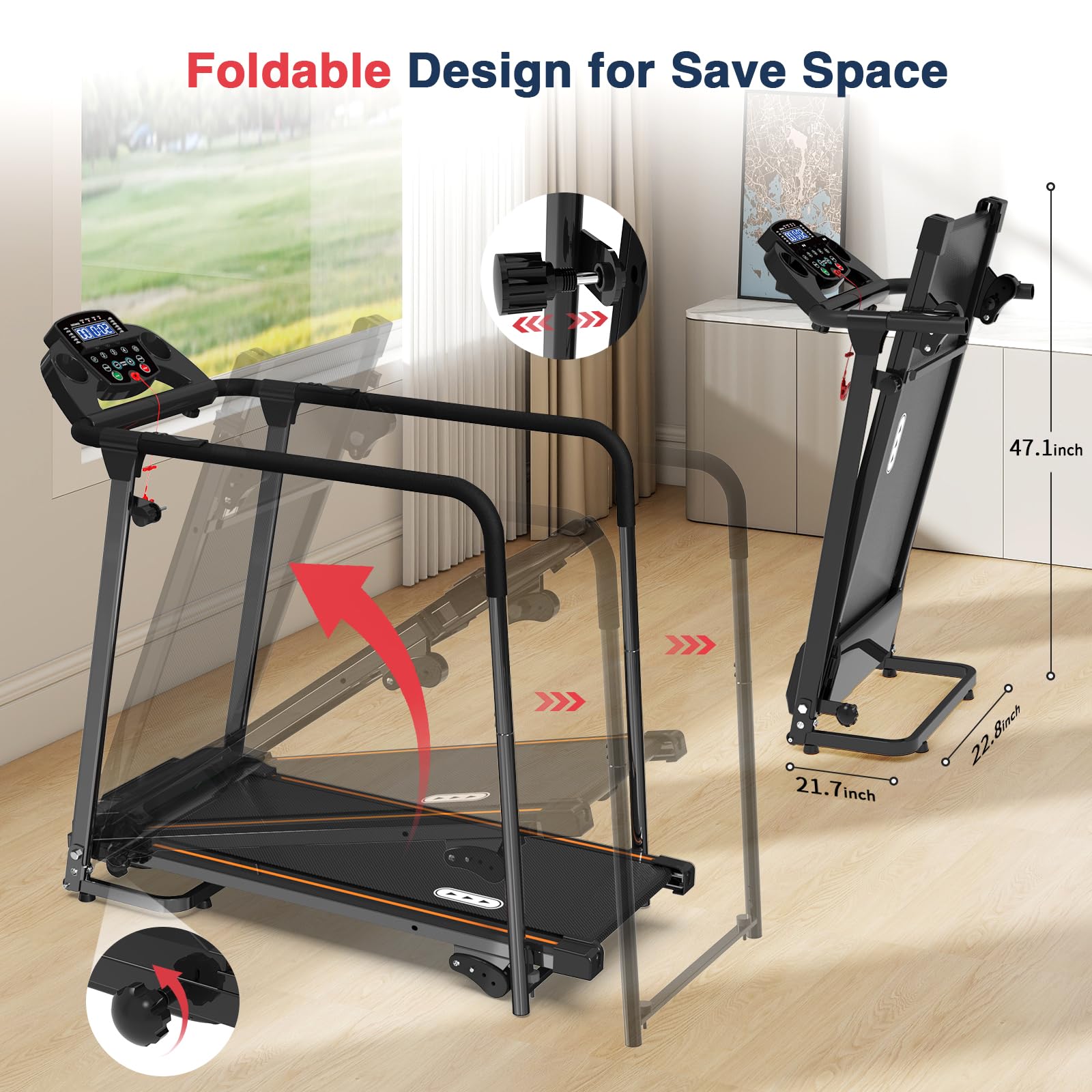 Redliro Walking Treadmill for Seniors - Foldable Senior Treadmill with 0%-2% Incline, Long Handrails - 300 lbs Capacity Home Recovery Fitness Exercise Machine for Elder, Mute & Qucik Speed Button