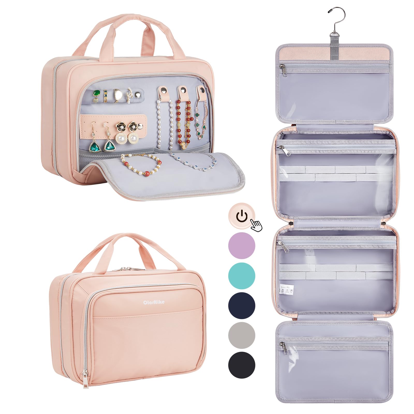 OlarHike Travel Toiletry Hanging Bag Waterproof Bags, Makeup bag, Toiletries, Jewelry, Travel Essentials 3 in 1 Packing Organizers, Cosmetic Travel-Sized Container, Medium Capacity for Women Pink