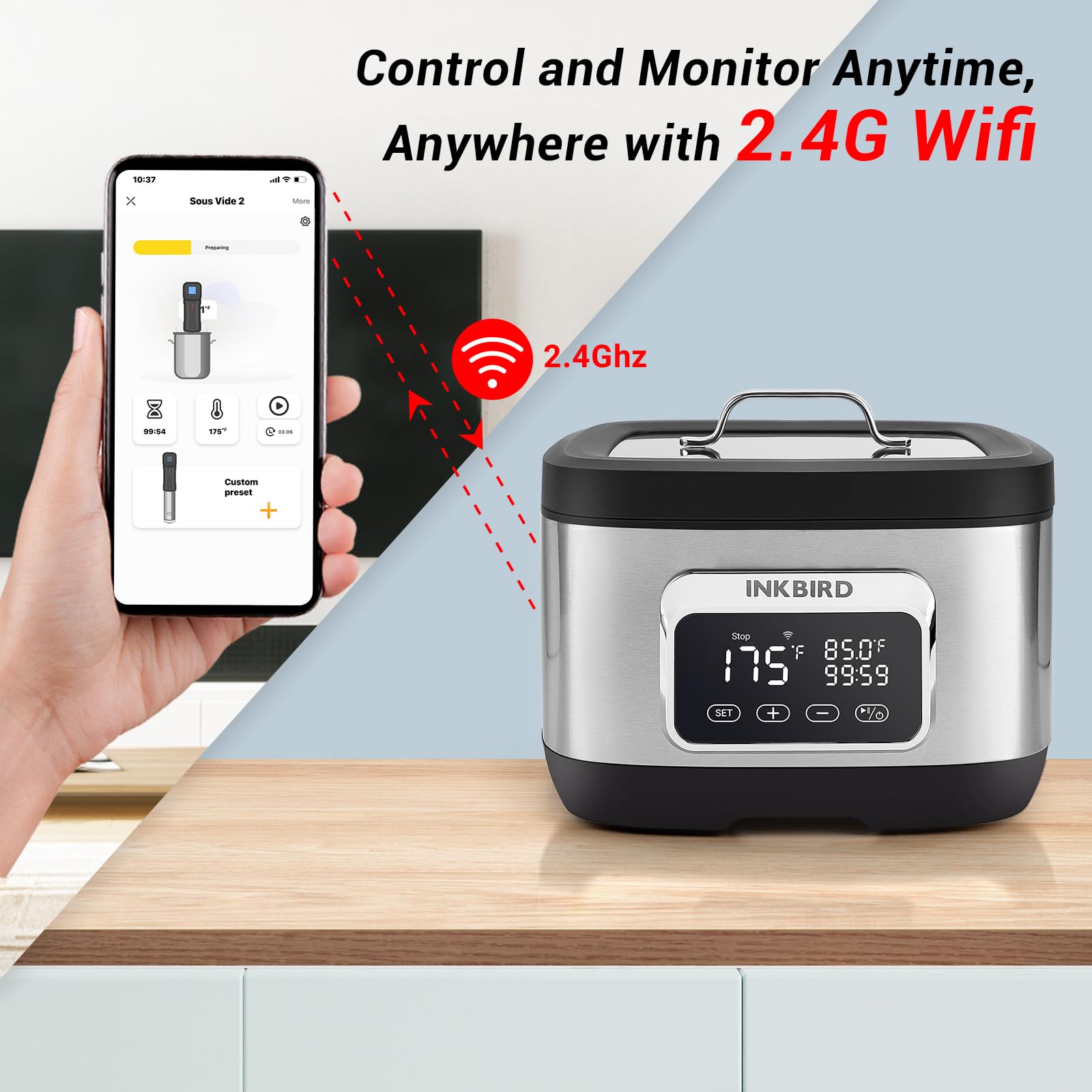 Inkbird Wifi Sous Vide Cooker,700W Sous Vide Machine, 8 Quart Water Oven with Rack Divider and 14 Preset Recipes, 3D Water Circulation Rapid Heating,Wifi Control & Timmer- All-in-One Sous Vide Pot