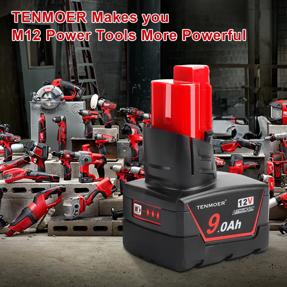 TENMOER 2 Pack 9.0Ah Compatible with Milwaukee 12V Battery Replacement for Milwaukee 12Volt Batteries 48-11-2460