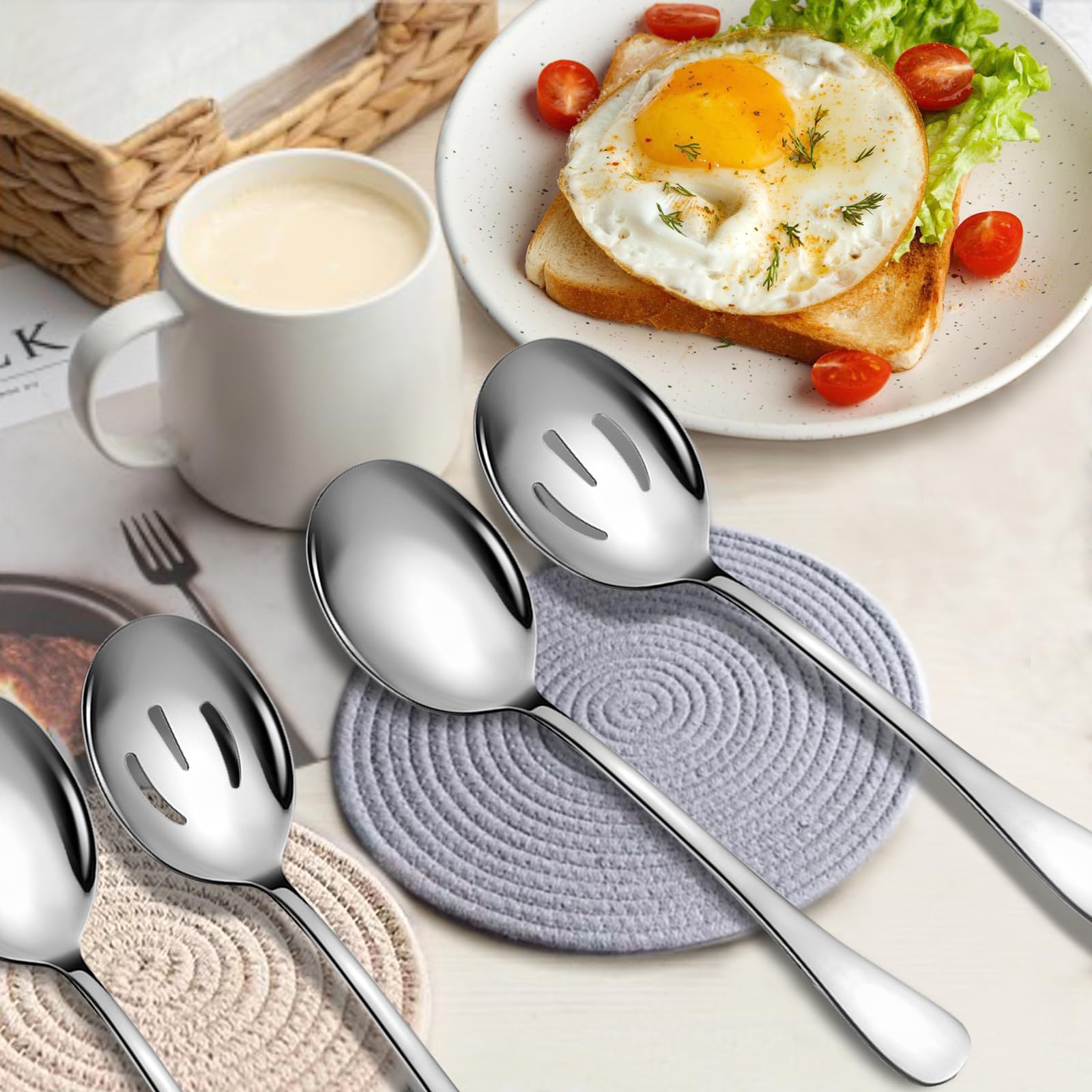 Keyoxy Stainless Steel Serving Spoons Set, 6pc, 10-Inch, Includes 3 Large, 3 Slotted, for Parties/Kitchen/Buffet/Catering, Dishwasher Safe