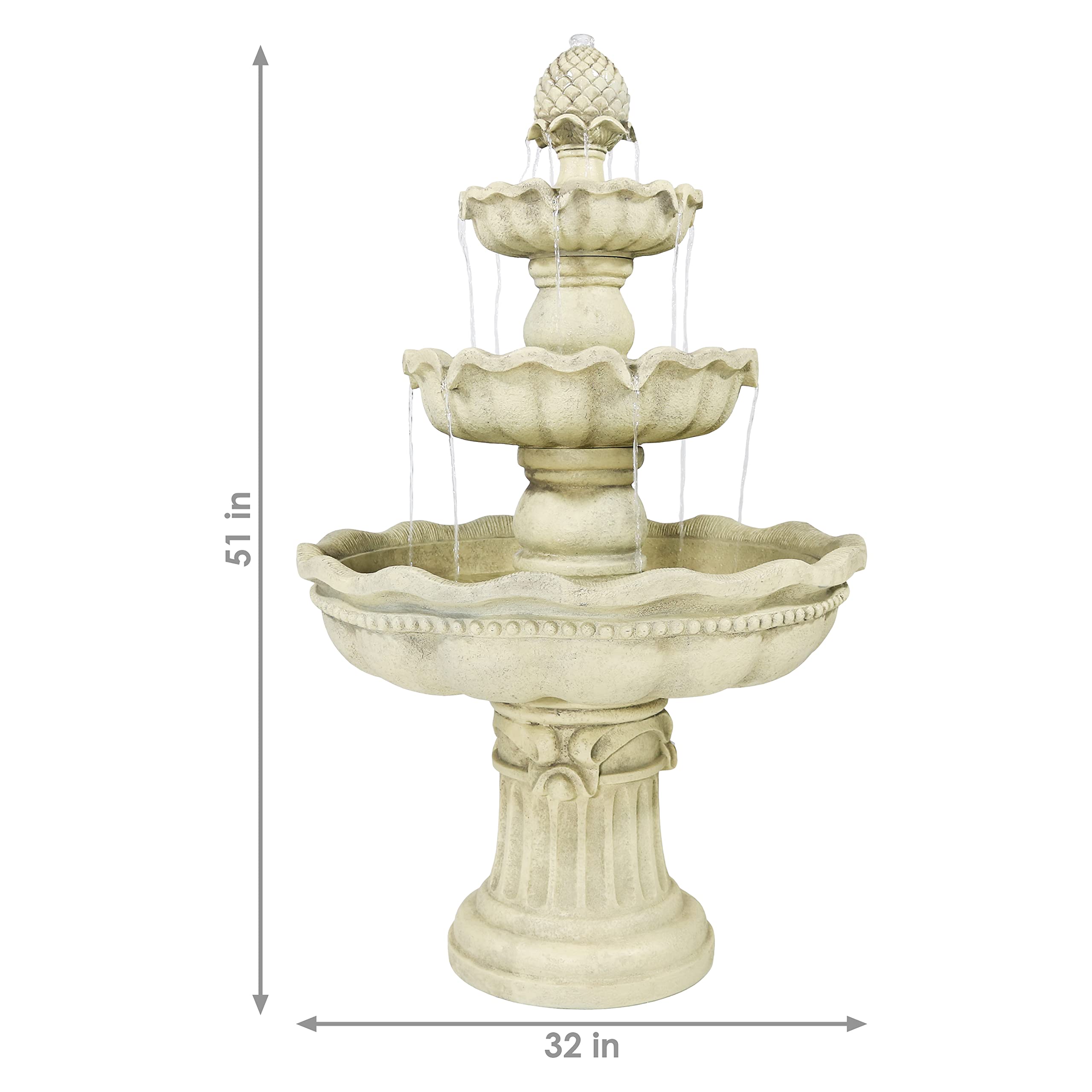 Sunnydaze 51-Inch Electric Water Fountain - Outdoor Water Feature - 3-Tier Outdoor Fountain with Pineapple Top - White