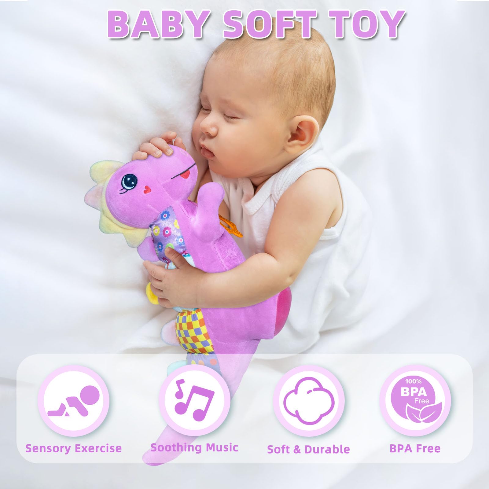Baby Dino Musical Stuffed Animal Toys for 0-3-6-9-12 Months,Infant Dinosaur Tummy Time Toys with Crinkle Sound Paper,Teether,Textures & Rattles for Newborn Boys Girls Birthday Gifts,Purple
