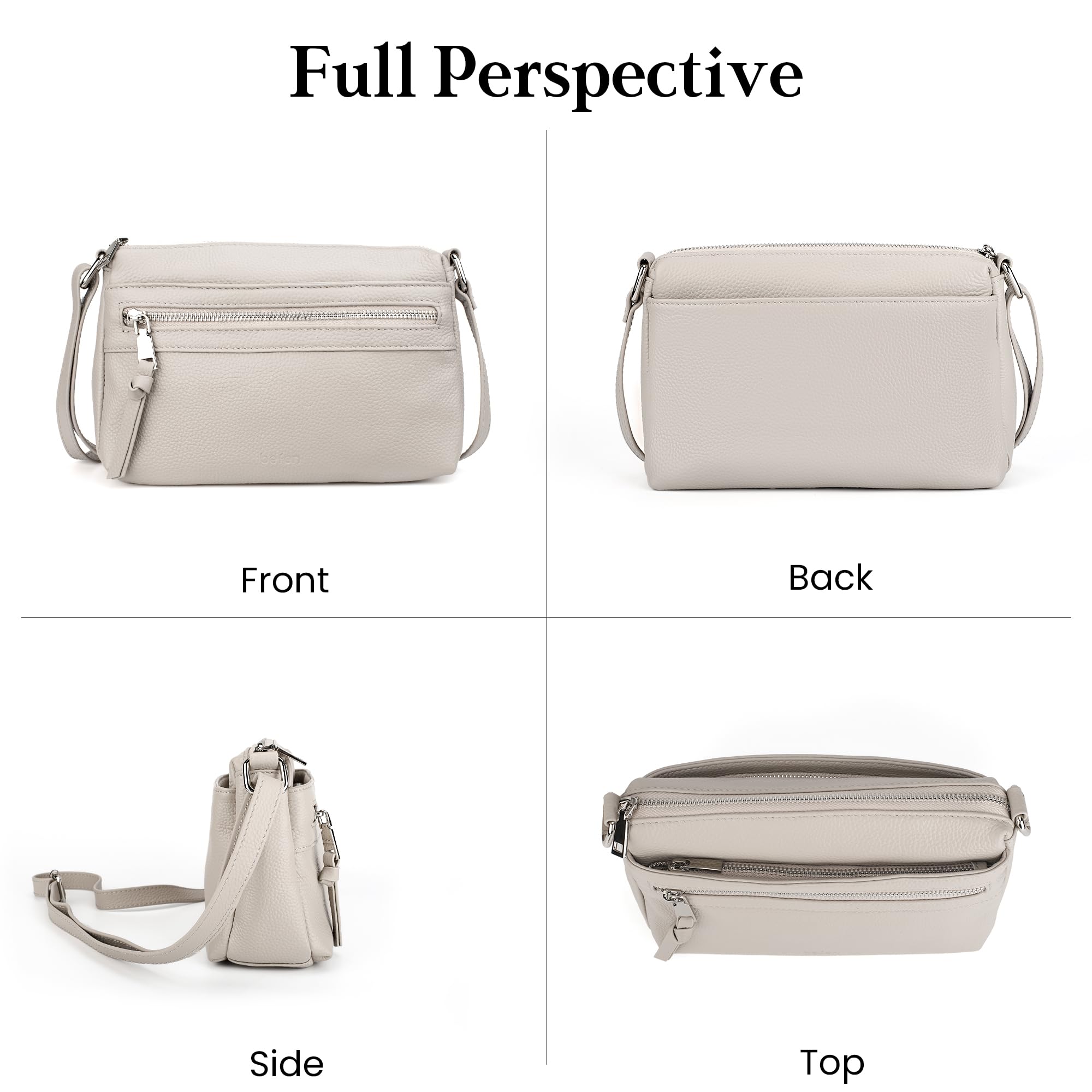 befen Genuine Leather Small Crossbody Bags for Women Ladies Triple Zip Shoulder Purses Bag Cell Phone Leather Handbag with RFID Card Slots Beige Grey