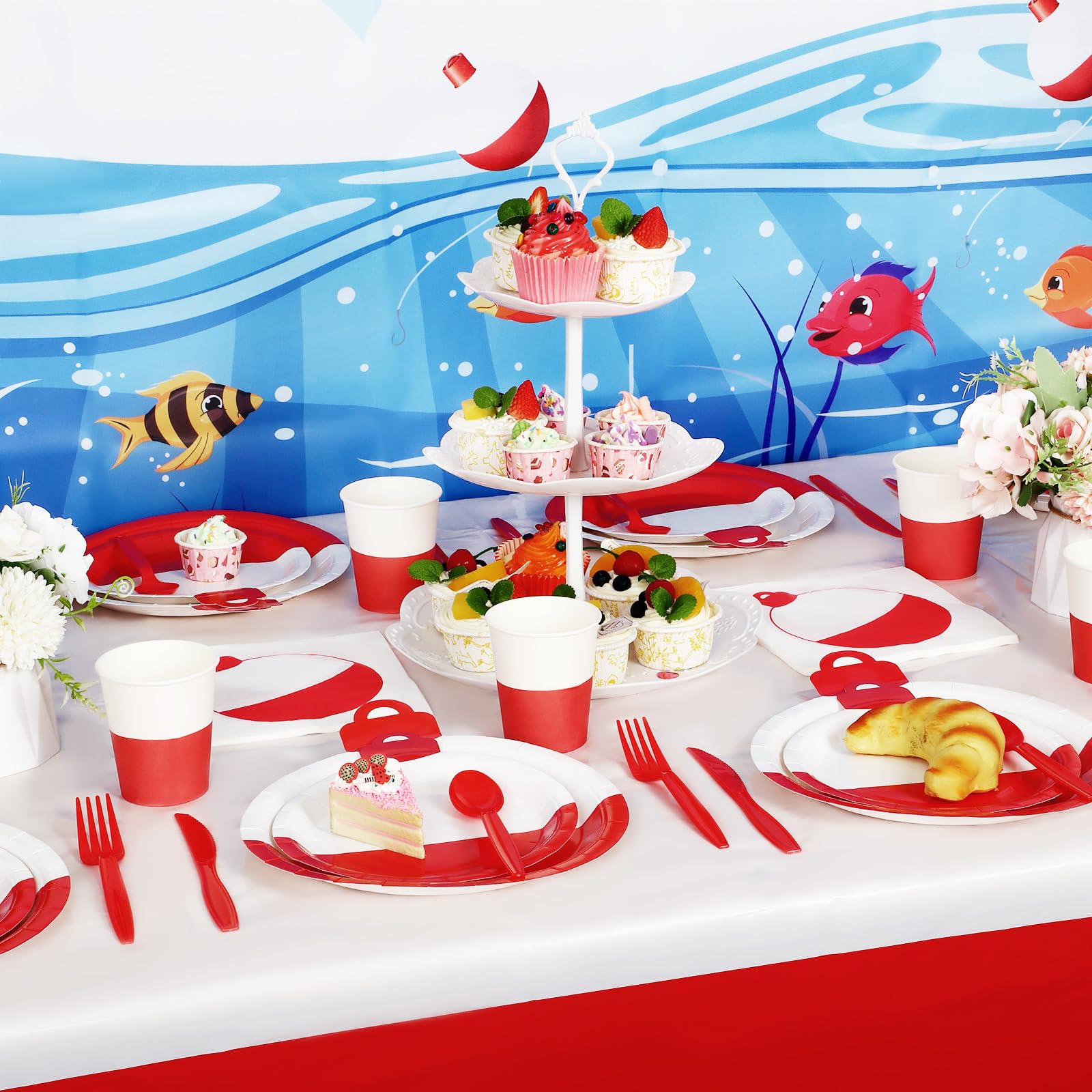 TWOWYHI 183PCS Gone Fishing Birthday Decorations Party Supplies Set 24 Guests Fishing Birthday Party Paper Plates Napkins Cups Banner Backdrop Tablecloth for Fishing Party Decorations Tableware Set