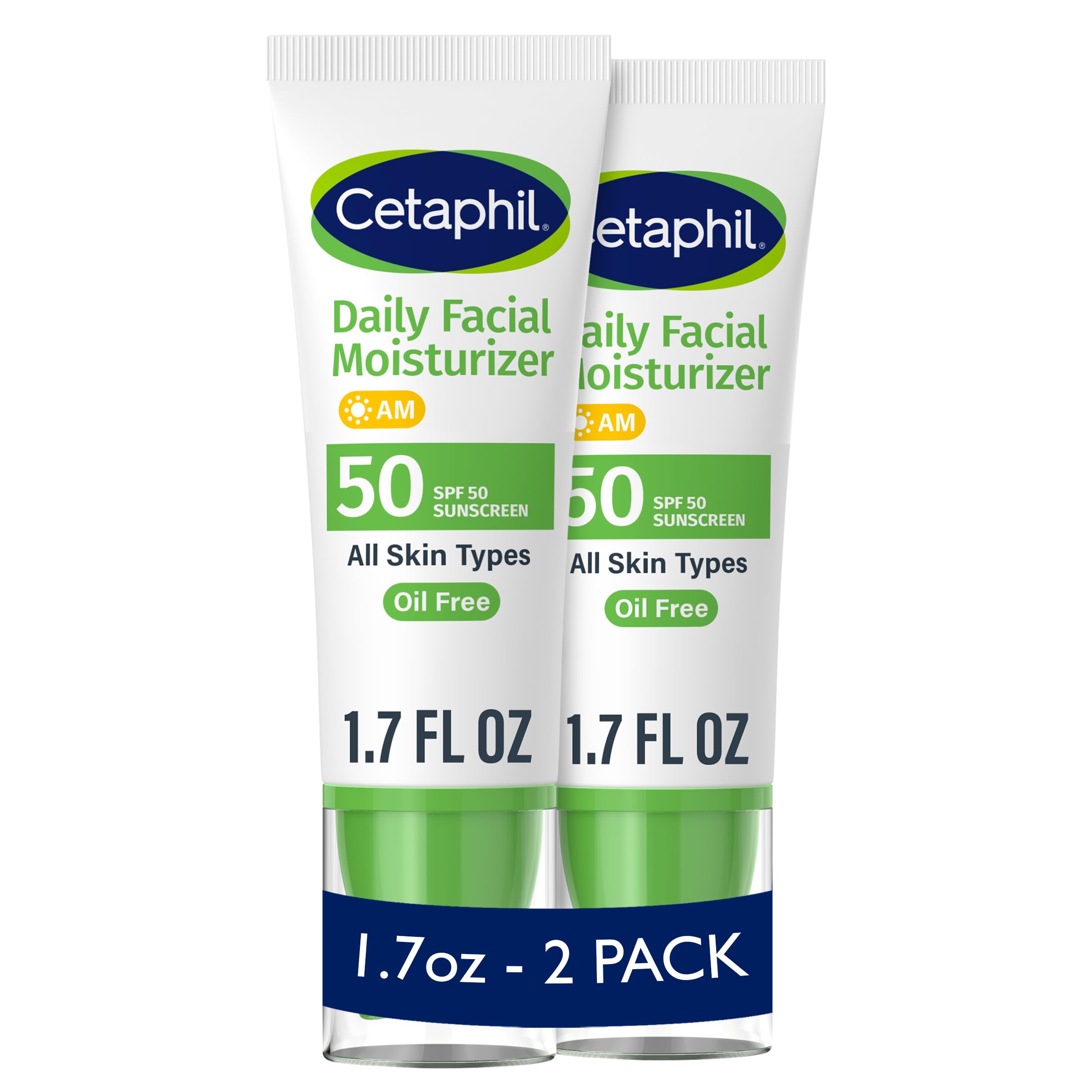 Cetaphil Daily Facial Moisturizer SPF 50, 1.7 Fl Oz (Pack of 2), Gentle Facial Moisturizer For Dry to Normal Skin Types, No Added Fragrance, Dermatologist Recommended (Packaging May Vary)