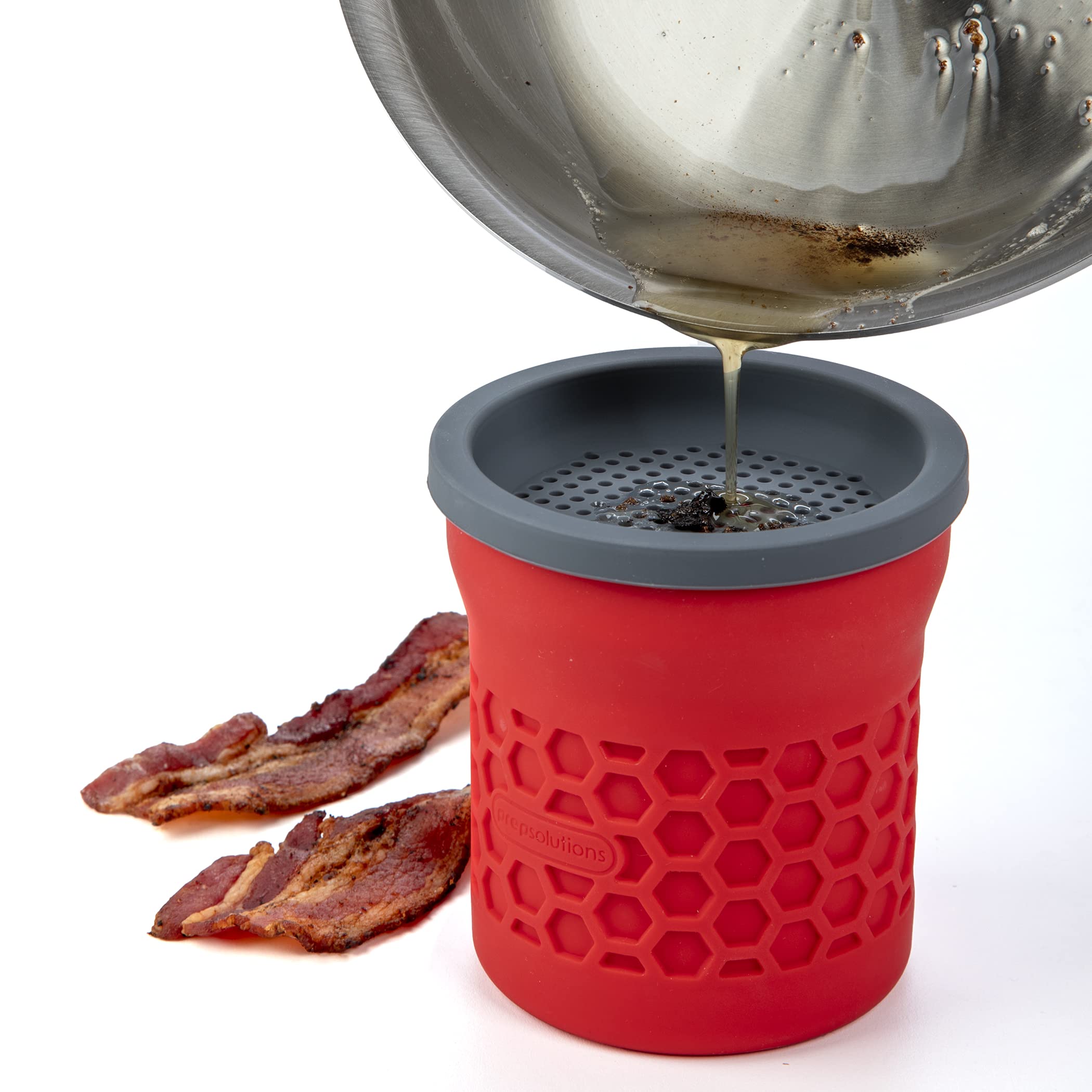 Prep Solutions Heat-Resistant Silicone Grease Strainer & Keeper - 2 Cup Capacity, Red