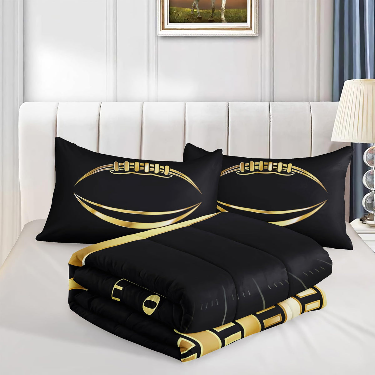 Helloosuu Football Comforter Sets,6 PCS Football Bedding Set for Boys,Kids Comforter Sets for Boys,Full Black and Gold Comforter Sets for Boys,Bed in A Bag with Sheets
