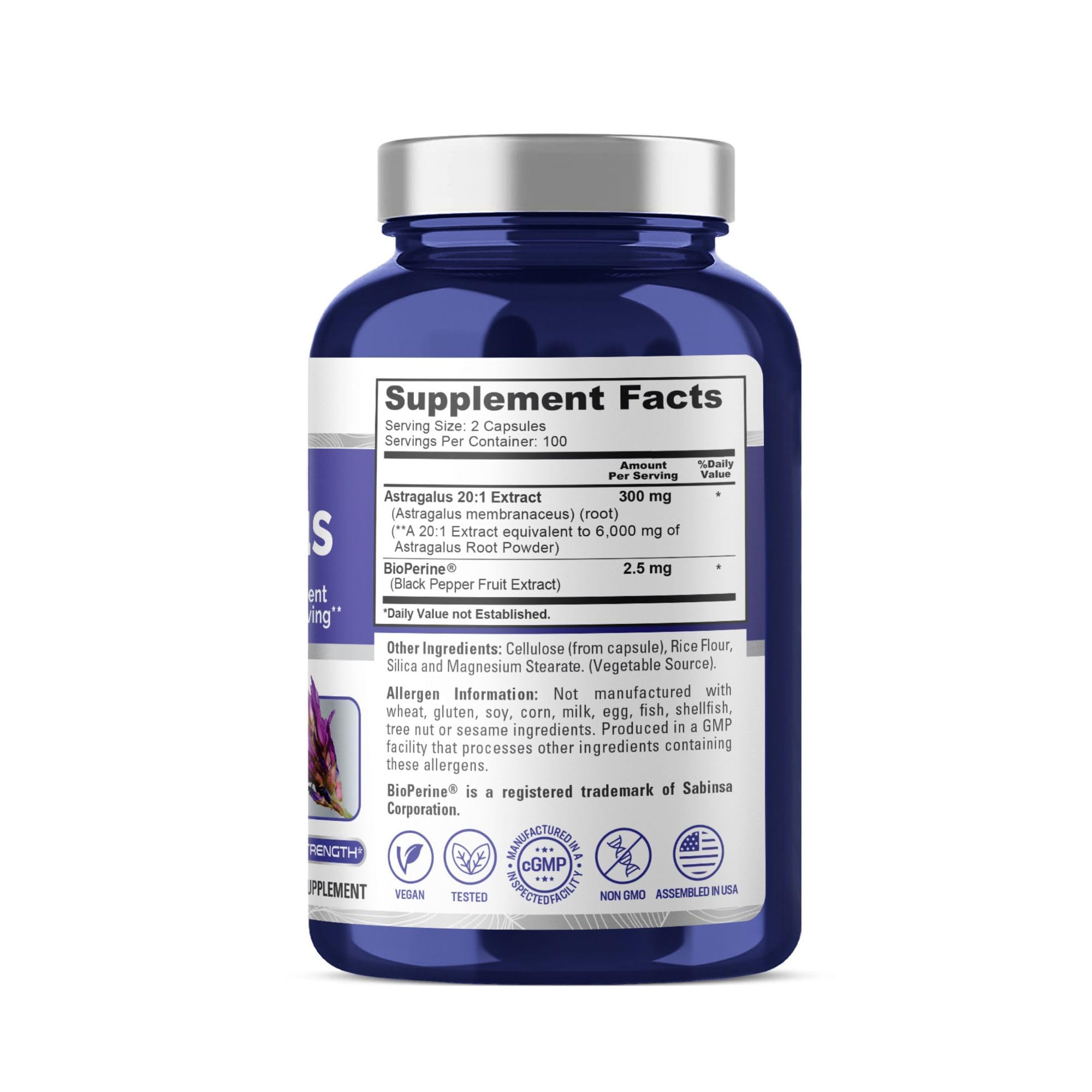 NusaPure Astragalus 6000mg Per Serving, 200 Veggie Capsules, Extract 20:1, Non-GMO & Bioperine