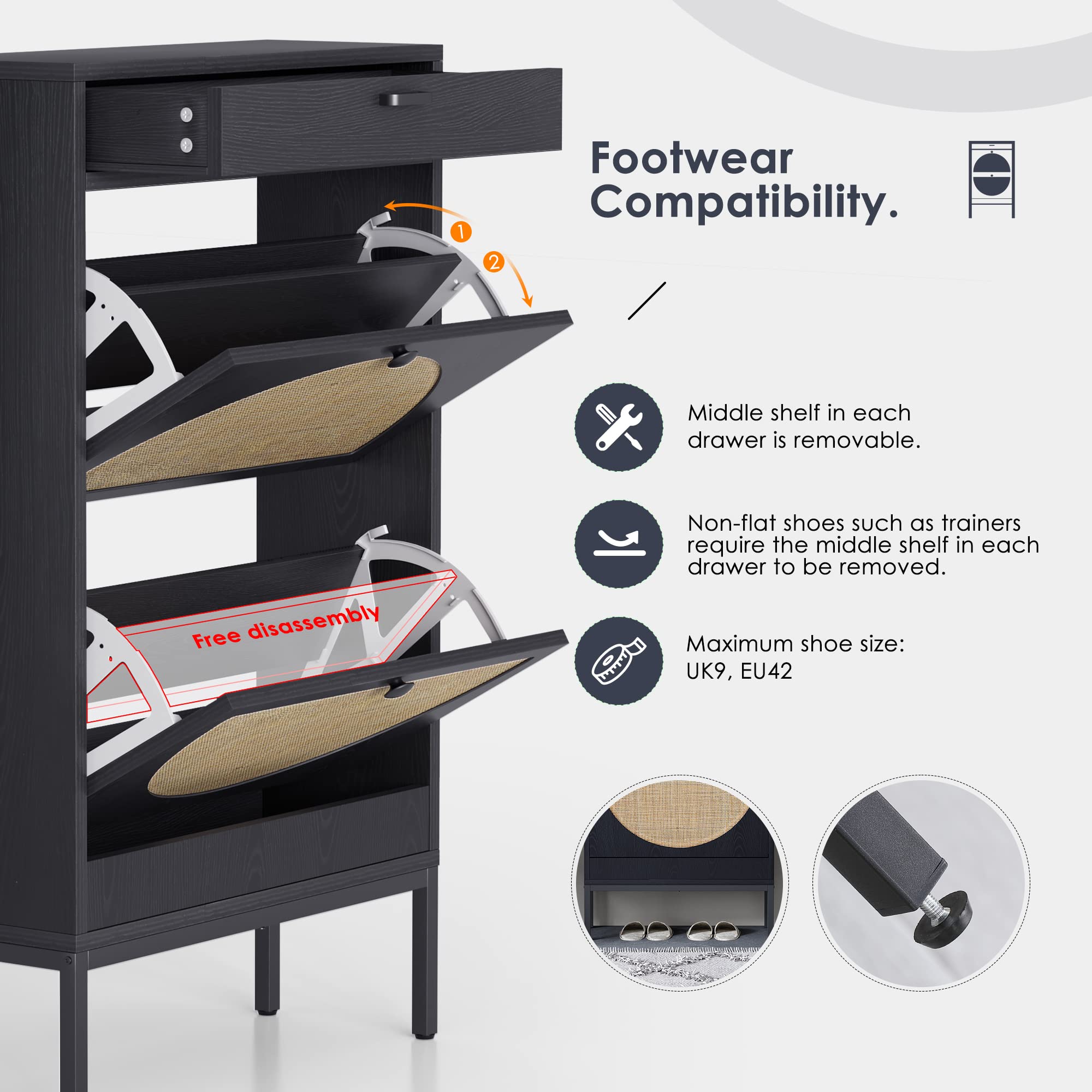 Yechen Shoe Rack Storage Organizer with 2 Natural Semi-Circular Rattan Doors, Entryway Wooden Shoe Cabinet for Sneakers, Leather Shoes, High Heels, Slippers (Black)