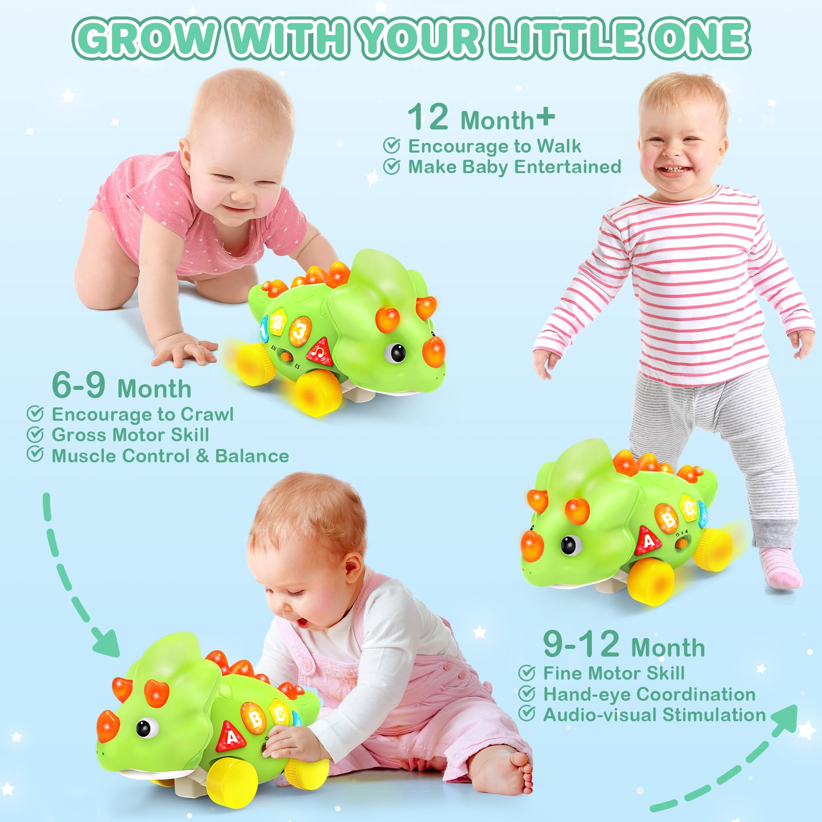 Musical Dinosaur Toys for 1 Year Old Baby - Tummy Time Light up Toys for Newborn Infant, Crawling Toys for 6-12-18 Months Kids, Early Learning Educational Toys and Gifts for 1-3 Year Old Toddlers