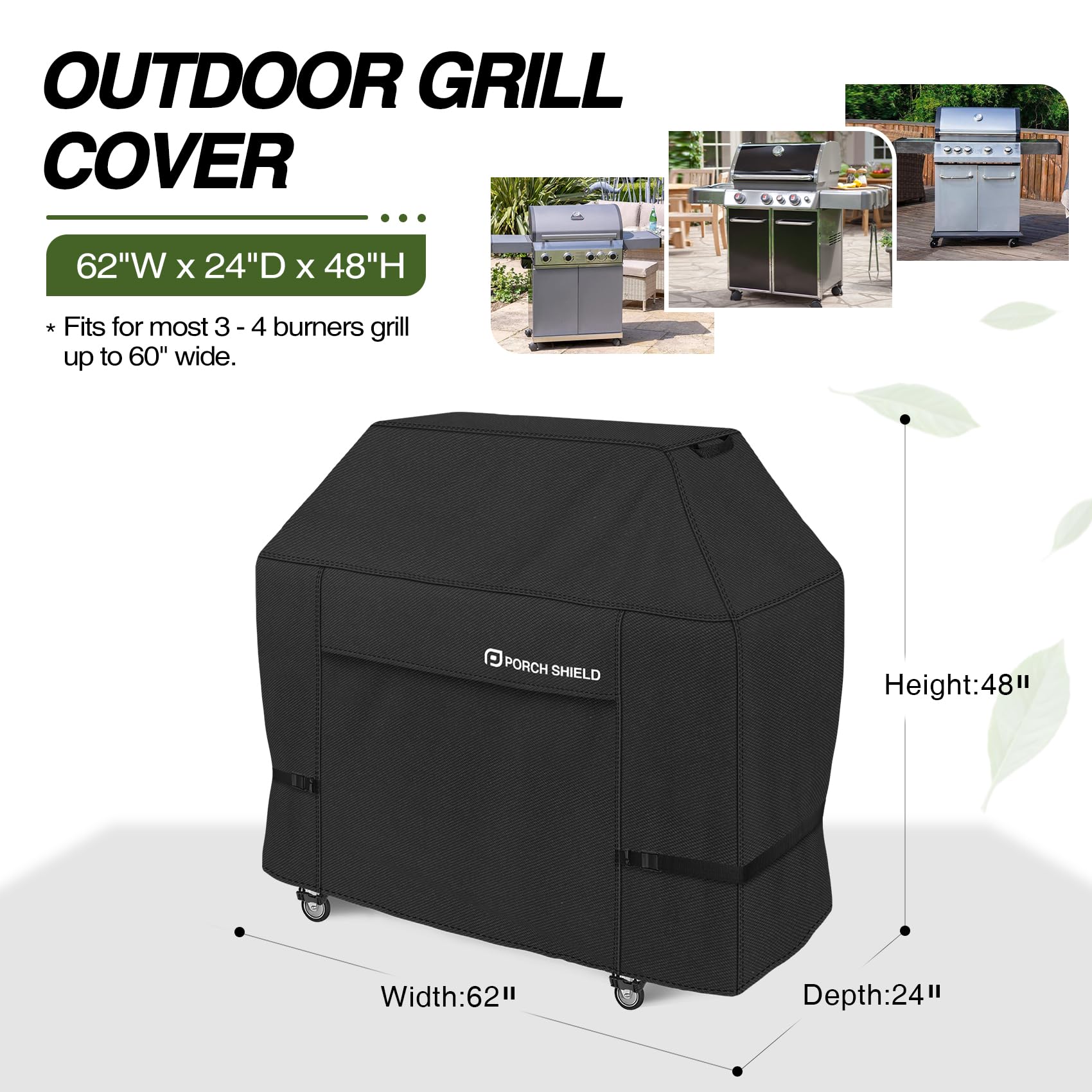 Porch Shield 62W x 24D x 48H inch Premium Gas Grill Cover Up to 60 inch, Waterproof and Fade Resistant 600D BBQ Covers for Weber, Brinkmann, Char-Broil and More, Black