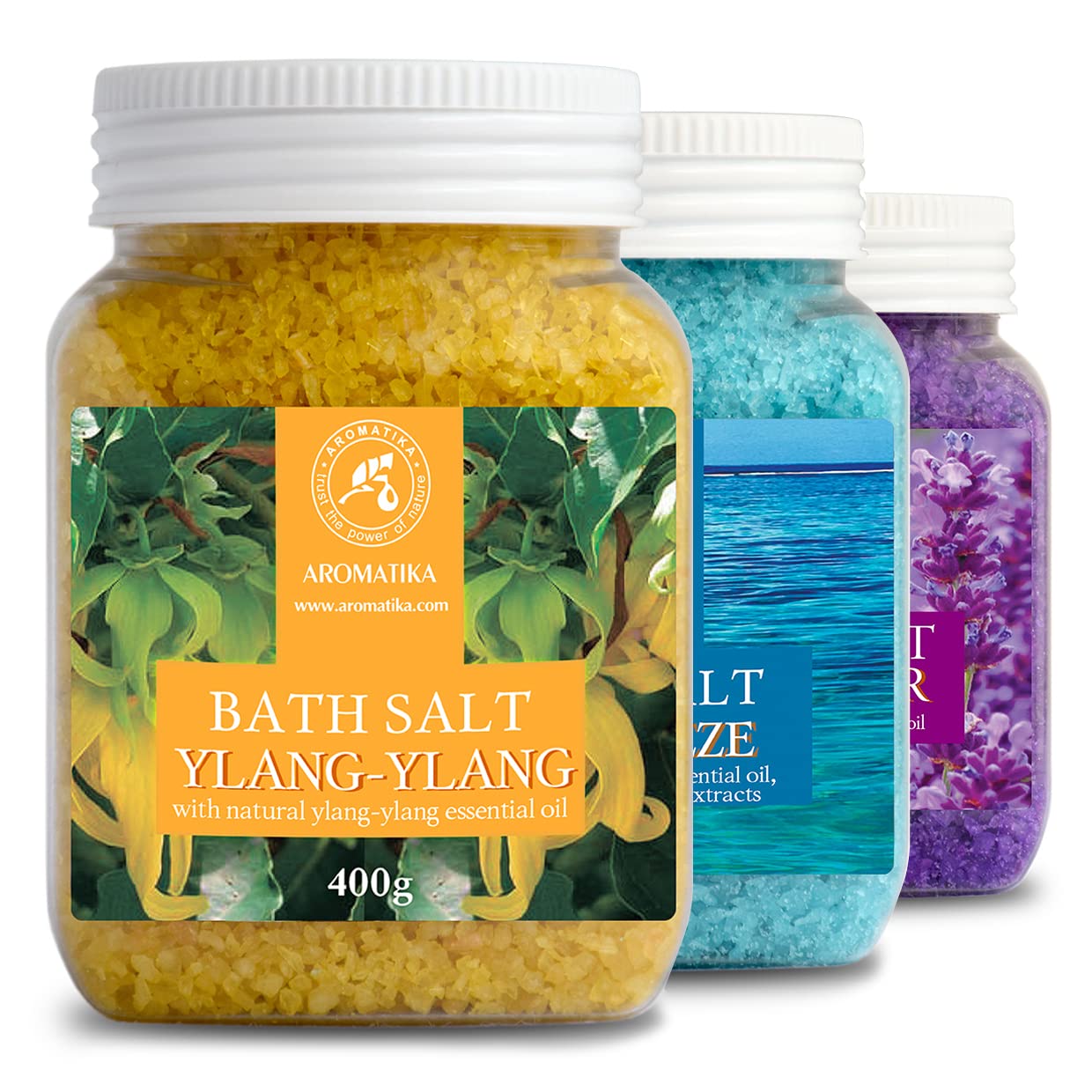 Bath Salts Set 42 Oz - Lavender - Sea Breeze - Ylang-Ylang - 100% Natural Essential Oil - Bathing - Body Care - Beauty - Relaxation - Spa
