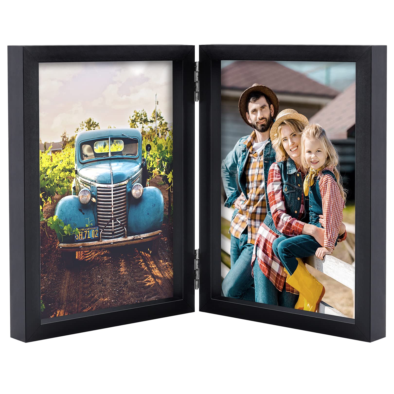 AEVETE 5x7 Picture Frames Double Hinged Wood Folding Photo Frames Vertical with Real Glass Front, Black