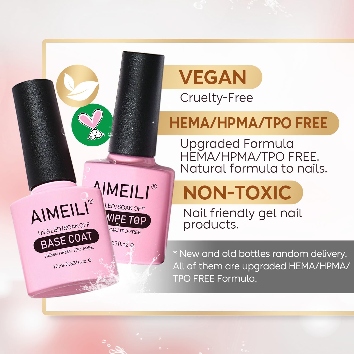 AIMEILI Gel Nail Polish Hema Free No Wipe Top and Base Coat Set, Cruelty Free, Vegan, Shine Finish and Long Lasting, Soak Off Gel Nail Lacquer - 2 x 10ml