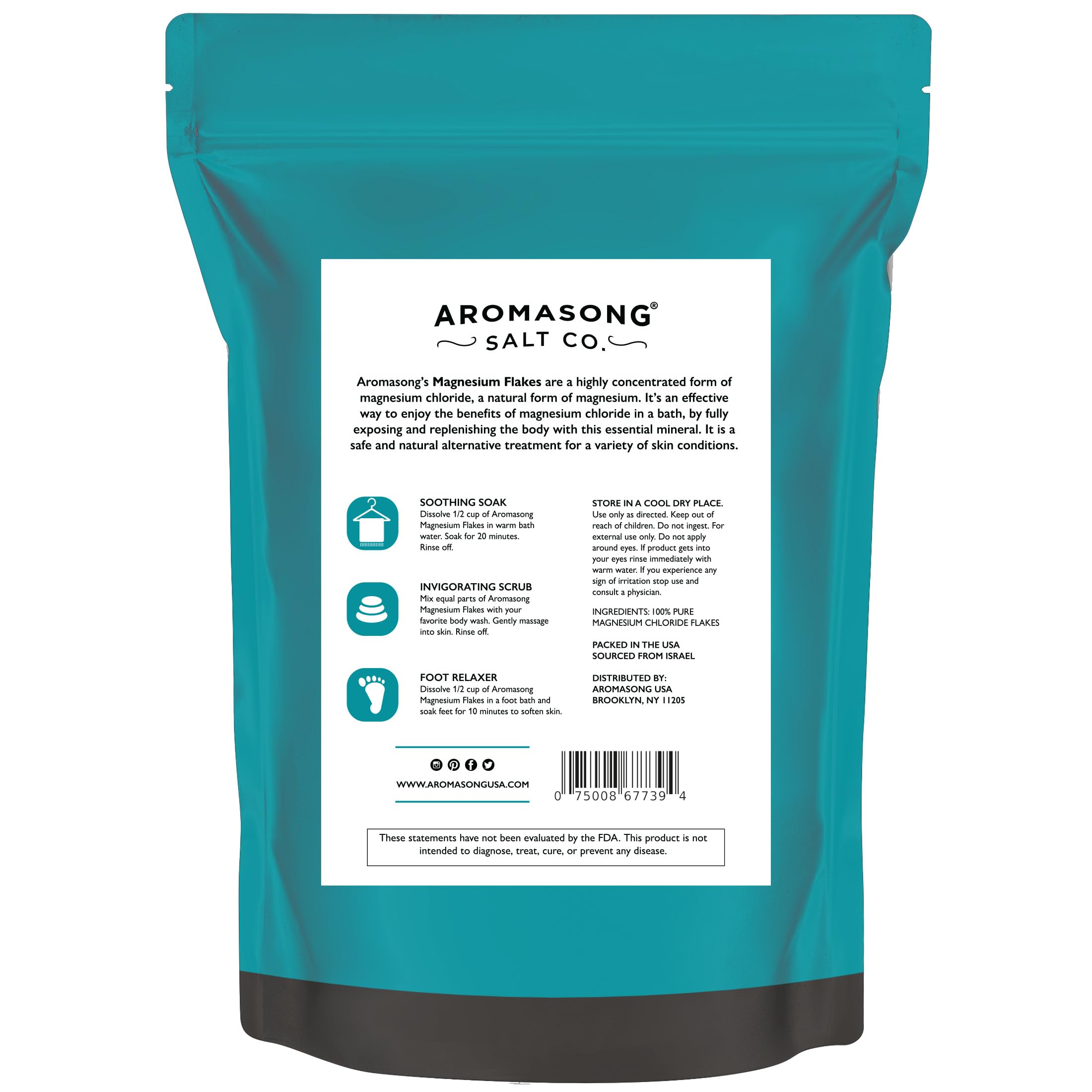 Aromasong Magnesium Flakes for Bath from The Dead Sea- 4 LB Resealable Pack Magnesium Chloride Flakes -Organic Bath Salt Relaxing Mineral Soak (Packaging May Vary)