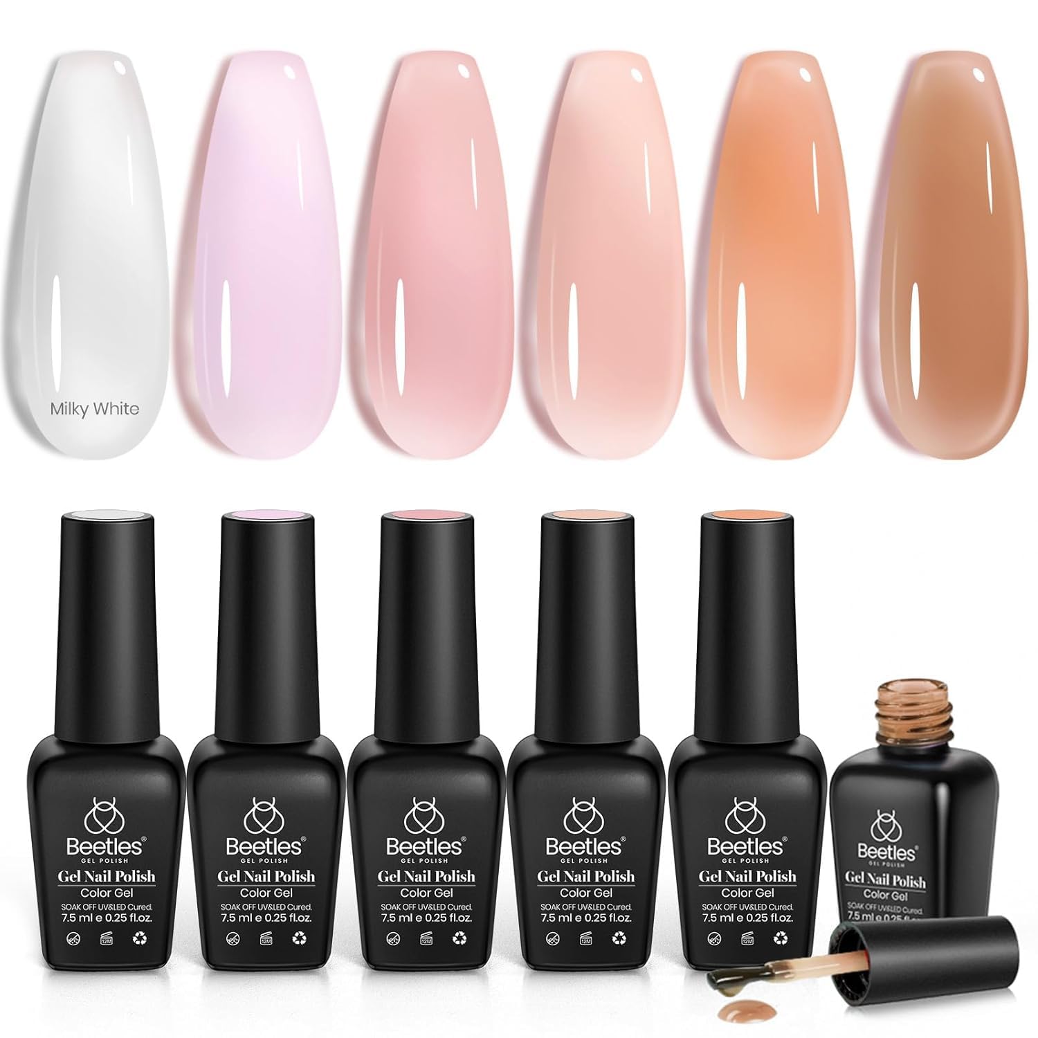 Beetles Gel Polish 6 Colors Jelly Winter Gel Nail Polish Set Gift, Milky White Sheer Pink Nude Brown Translucent Soak Off Uv Nail Gel Diy Art for Girls Women Ultimate Monochrome Collection