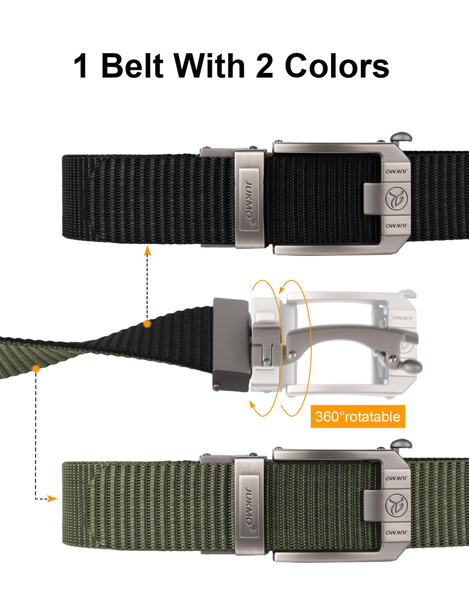 JUKMO Reversible Ratchet Belt, Nylon Web Tactical Work Belt with Automatic Slide Buckle (Green/Black, Medium-for Waist 38"-42" (Length 49"))