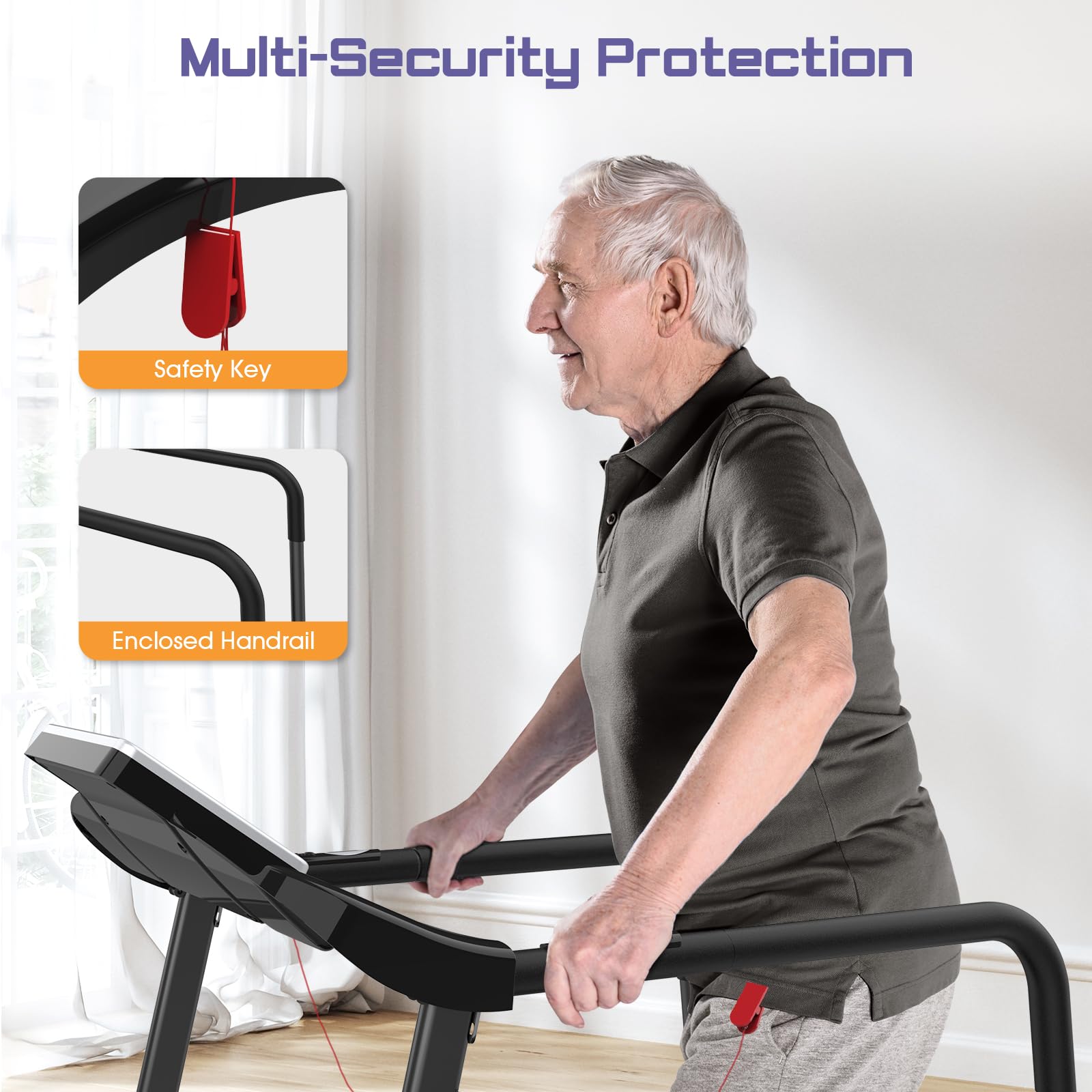 Rellysport Walking Treadmill for Seniors with Handrails - Recovery Fitness Exercise Machine for 300lbs Capacity, Foldable Treadmills for Home with Heart Rate Monitoring, Holder for Phone & Cup