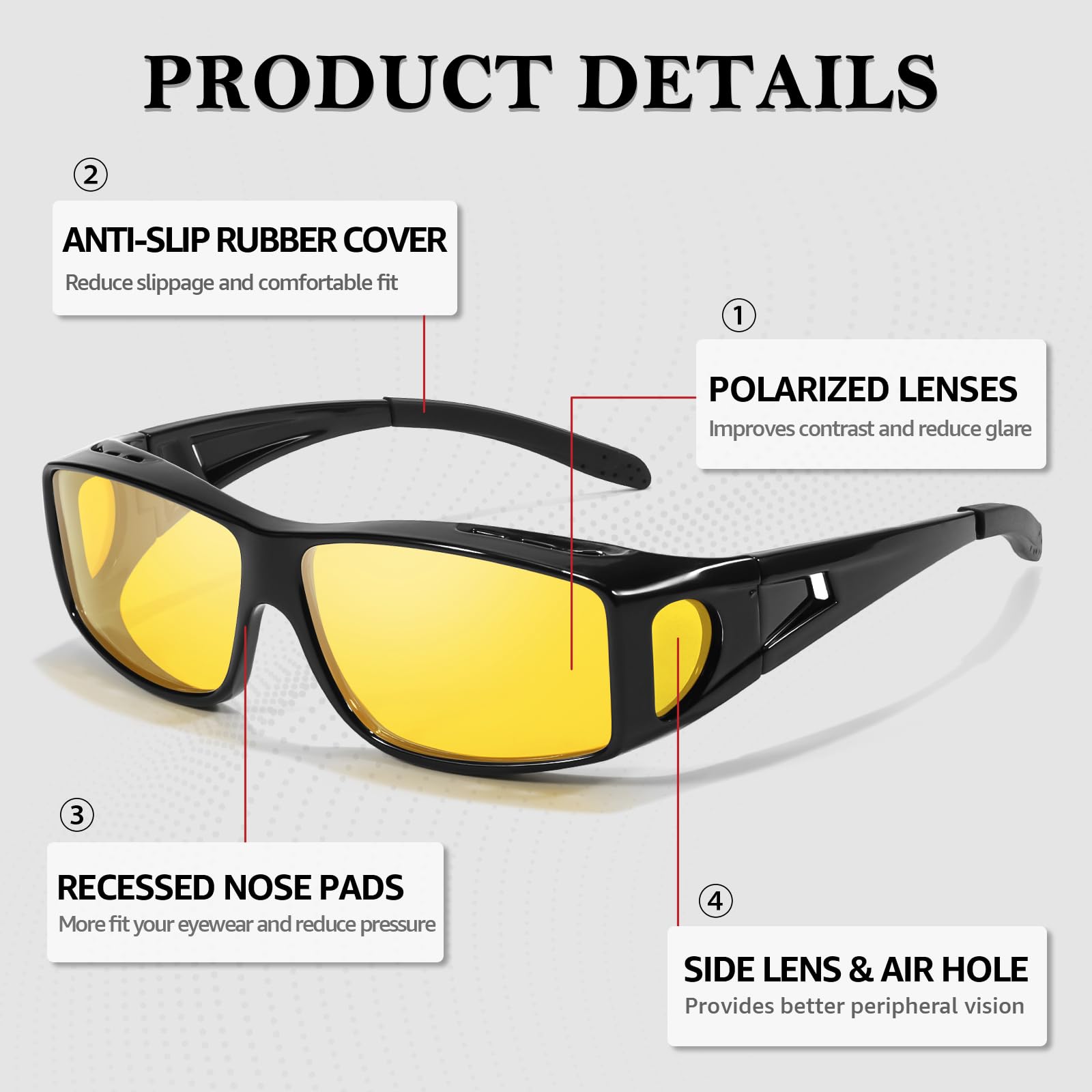 TJUTR Night Vision Driving Glasses Fit Over Glasses for Men Women, Polarized Anti Glare Night Time Yellow Lens