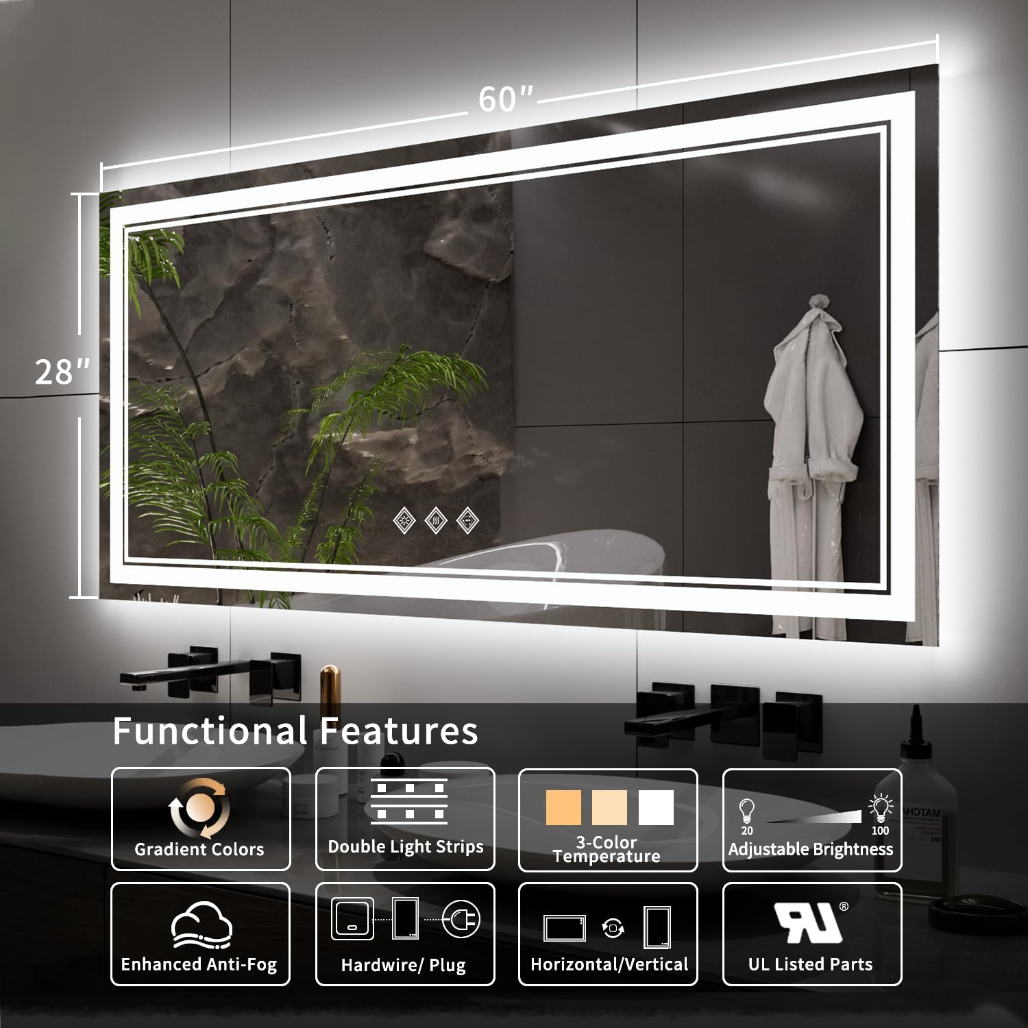 VanPokins Ligthed Bathroom Mirror, 60x28 Inch Gradient Front and Backlit LED Bathroom Mirror, 3 Colors Dimmable CRI>90 Double Lights, IP54 Enhanced Anti-Fog, Hanging Plates Wall Mount LED Mirror
