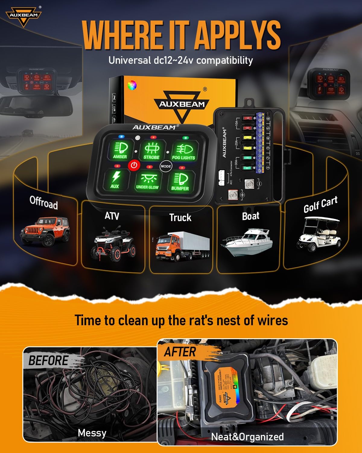 Auxbeam RGB 6 Gang Switch Panel RA60 Auto-Dimmable Switch Panel w/Momentary Toggle Pulsed Memory Function, 12-24V Switch Panel for Truck UTV Car Boat Waterproof, 2-Year Warranty