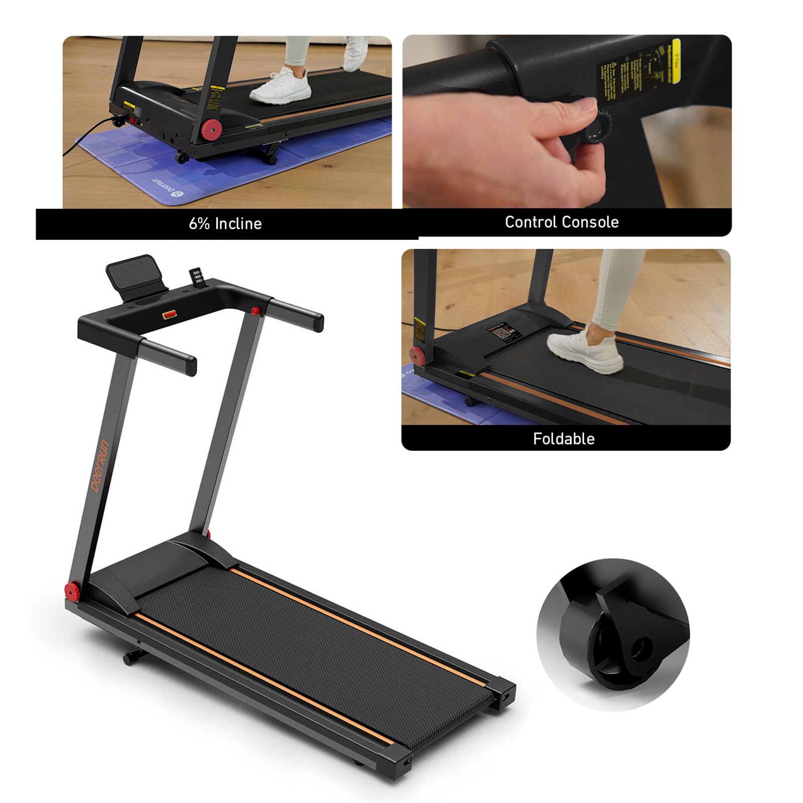 DeerRun Treadmills for Home with Incline and Handles, 3 HP Foldable Treadmill for Small Spaces, Folding Running Machine with Smart APP