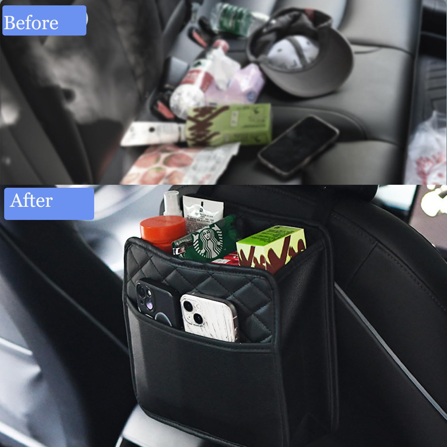 LXUNYI Car Seat Organizer,2 Pack Waterproof Pu Leather Backseat Car Organizer and Storage Bag Foldable Universal Hanging Car Seat Back Organizers for Kids & Adults Car Travel Accessories(Black)