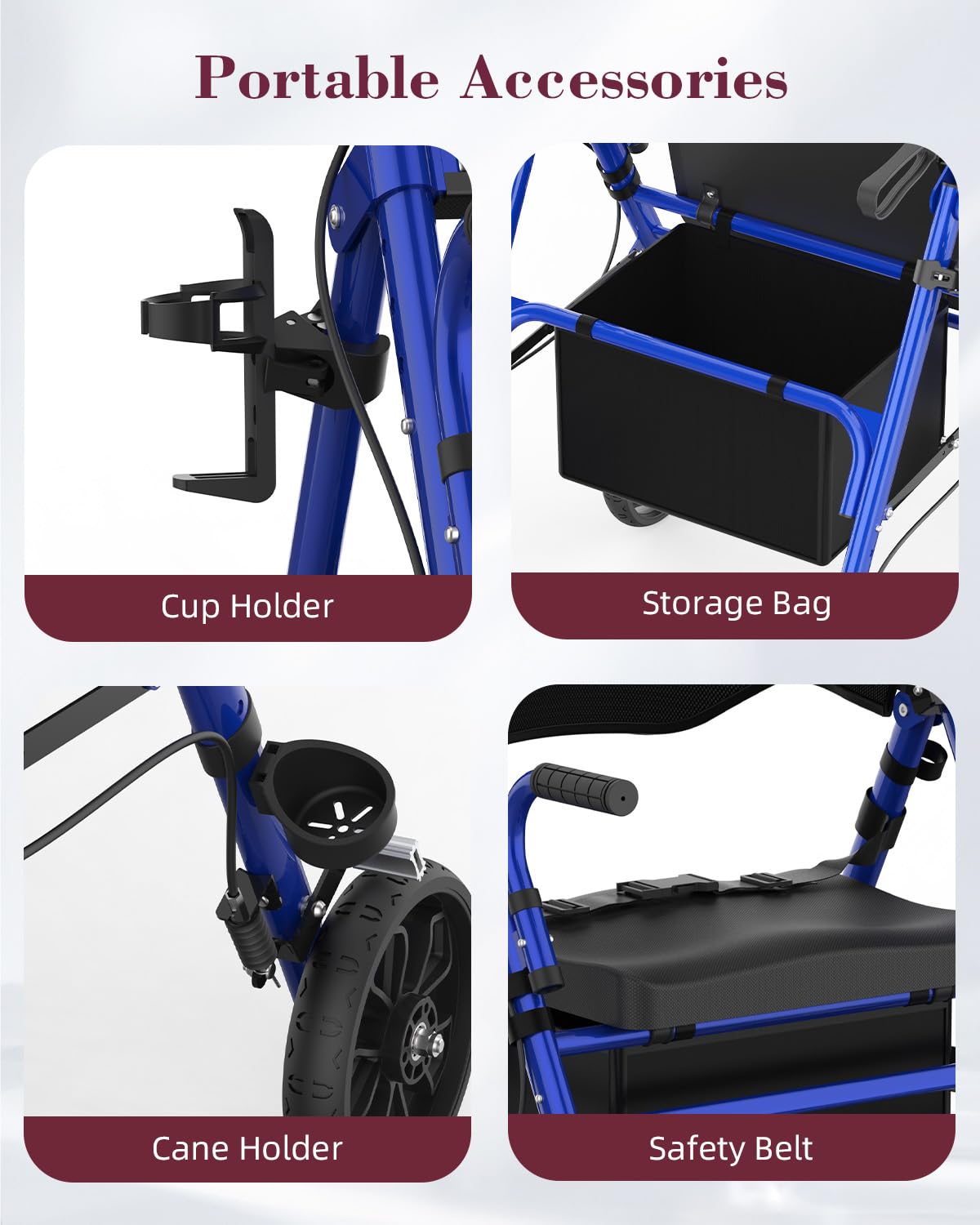 Fvzzin Walkers for Seniors with Seat, Extra Wide 2 in 1 Rollator Walker & Transport Chair with Reversible Backrest & Detachable Footrests, Foldable Wheelchair Combo with 8" Anti-Slip PU Wheels, Blue