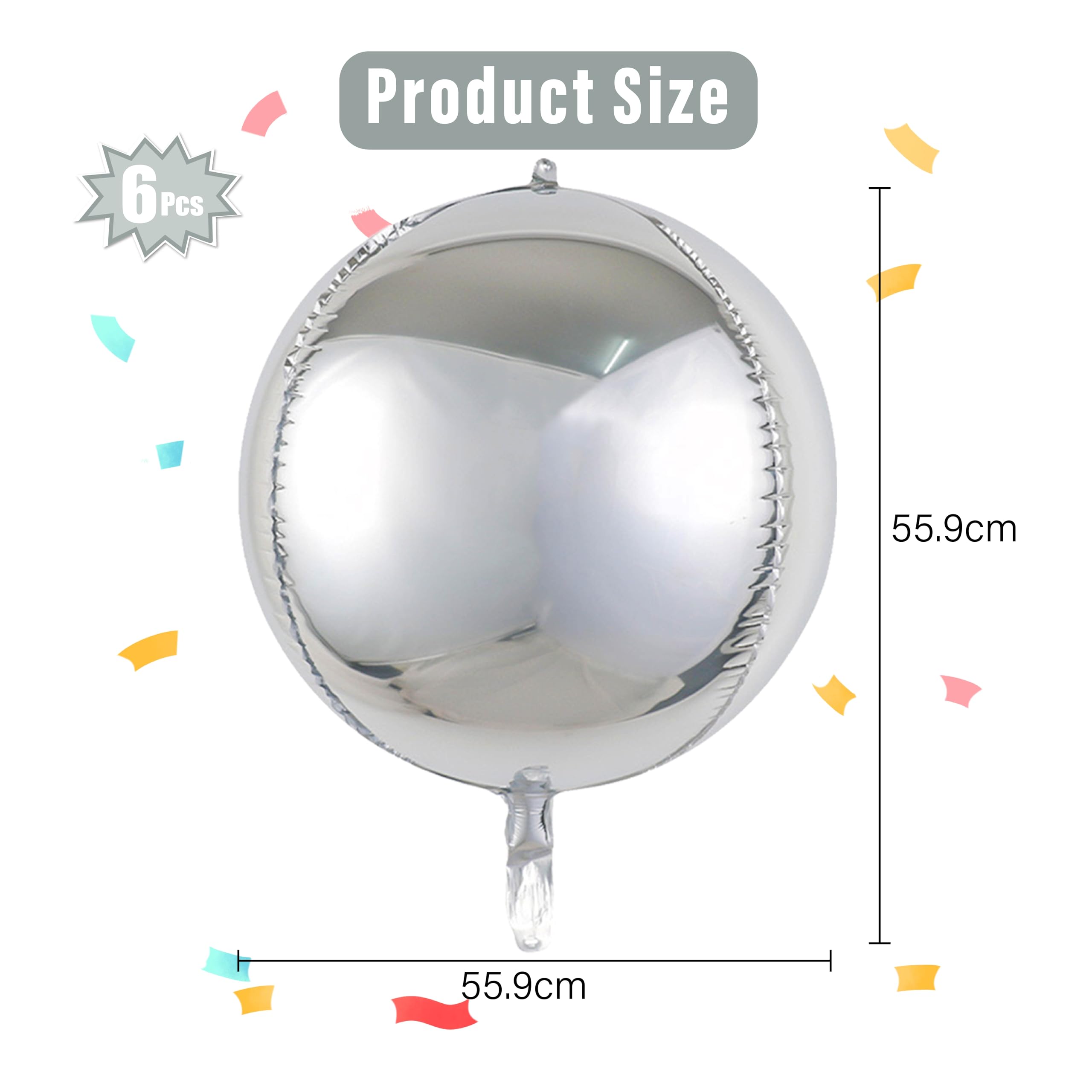 laackys silver balloons, 6-pack 22-inch metallic silver balloons partywoo balloons, 4D round silver chrome balloons for silver birthday party decoration, silver foil balloons silver metallic balloons