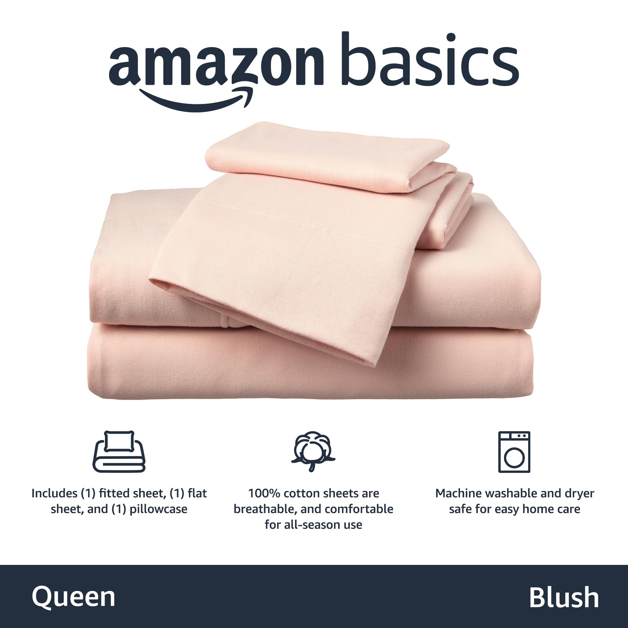 Amazon Basics 4 Piece Bed Sheets Set, 100% Cotton Jersey, Includes Super Soft, Flat and Fitted Sheets, Pillowcase, Queen, Blush, Solid
