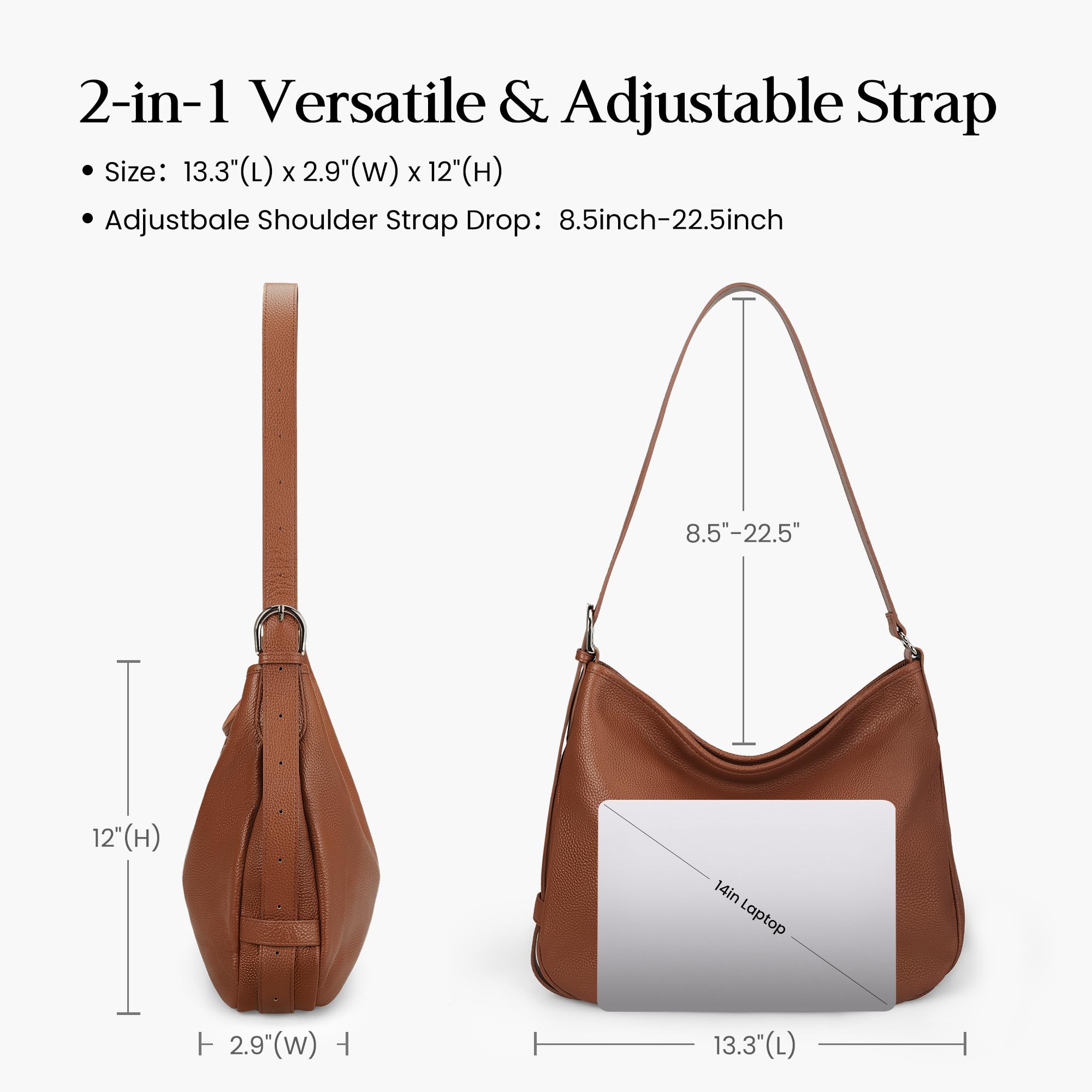 befen Genuine Leather Slouchy Hobo Bags for Women, Brown Leather Purse Top Grain Leather Crossbody Bag for Women Designer Soft Handbag Trendy Women's Shoulder Handbags with Adjustable Strap For Daily
