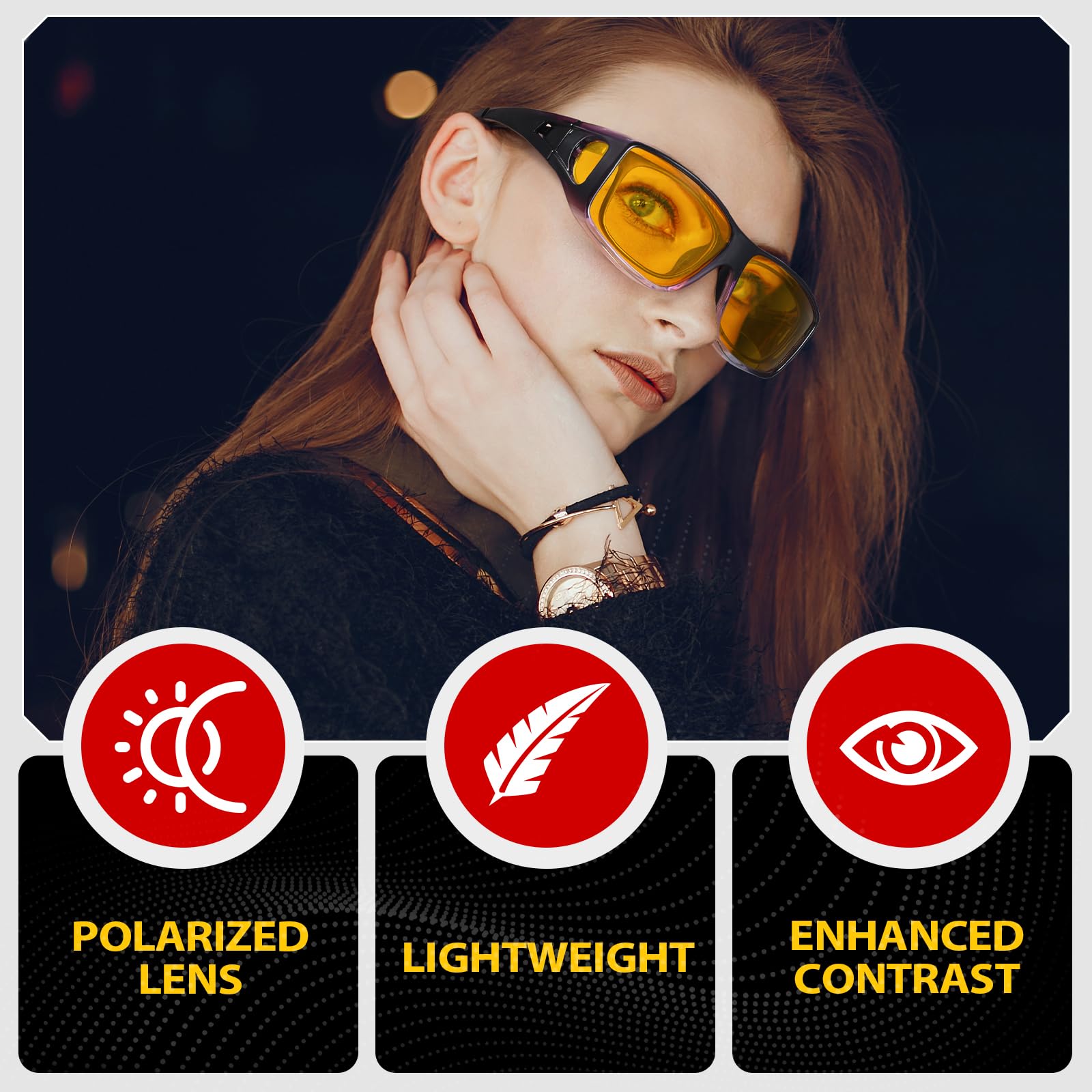 TJUTR Night Vision Driving Glasses Fit Over Glasses for Men Women, Anti Glare Polarized Nighttime Eyeglasses Yellow Lens