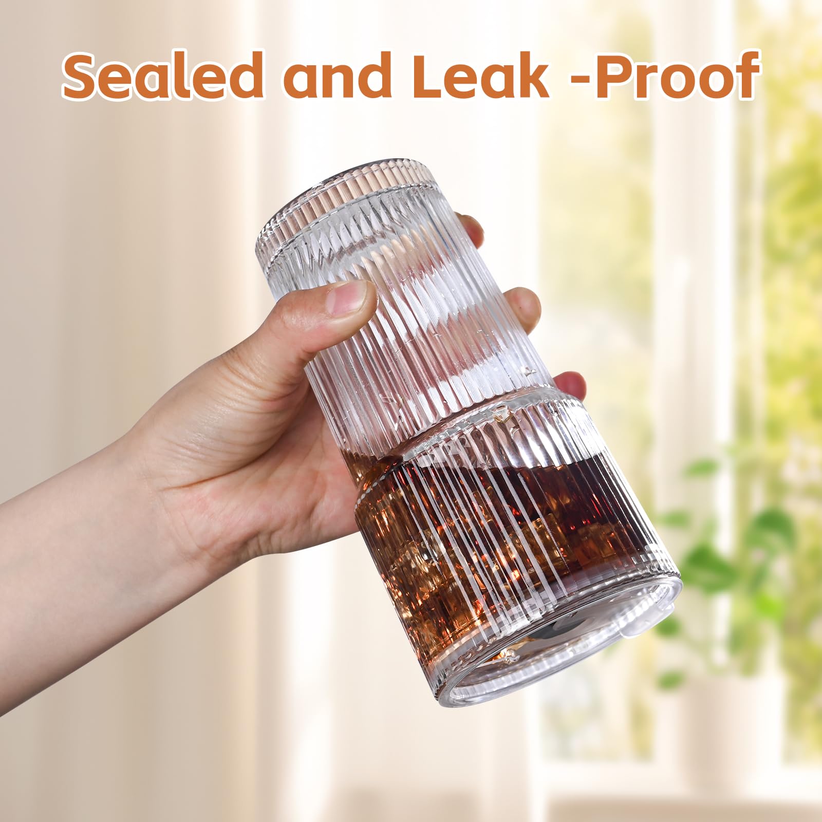 AUFXKOO 20oz Ribbed Glass Cups with Lids and Straws,2PCS Glass Tumbler with Straw and Lid,Drinking Glasses for Iced Coffee Cups,Juice,Smoothies