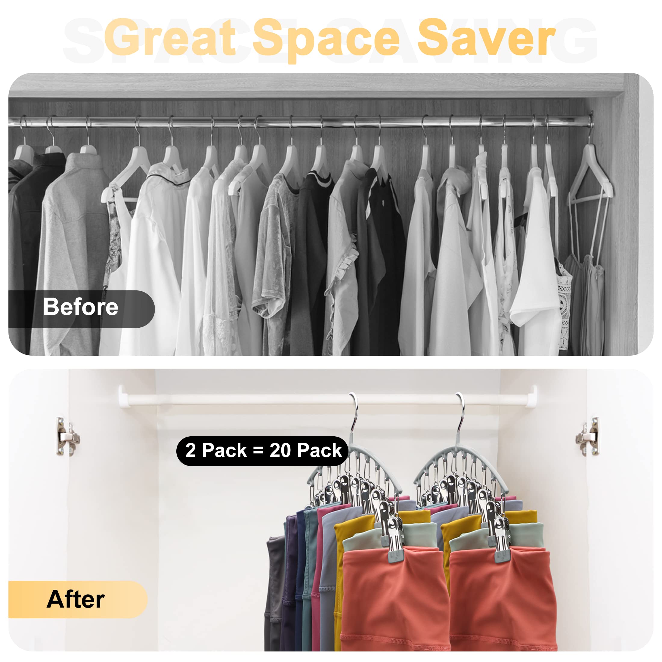 Volnamal Legging Organizer for Closet, Metal Yoga Pants Hanger w/Rubber Coated 2 Pack w/10 Clips Hold 20 Leggings, Hangers Space Saving Hanging Closet Organizer for Closet Organizers and Storage-Grey