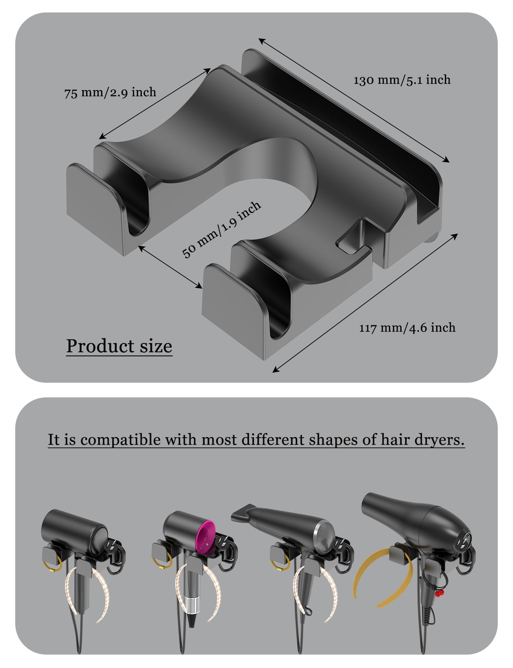NOTMBESTM Universal Hair Dryer Holder Wall Mounted, Blow Dryer Holder Cabinet Door, Hairdryer Holder for Bathroom, Hair Dryer Storage Rack Fixed by Screw or Adhesive (Black)