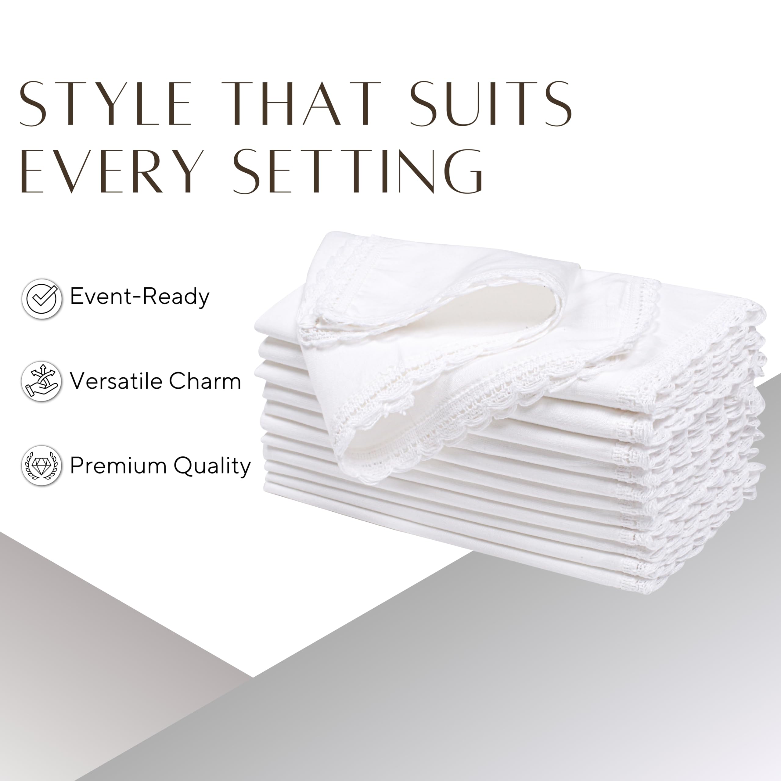 Ramanta Home Cloth Dinner Napkins Set of 12 Cotton Flax Fabric with Lace 20x20 Inch - Washable Fall Colors Table Linen Napkin for Christmas, Thanksgiving, Wedding, Cocktails or Everyday Use - White