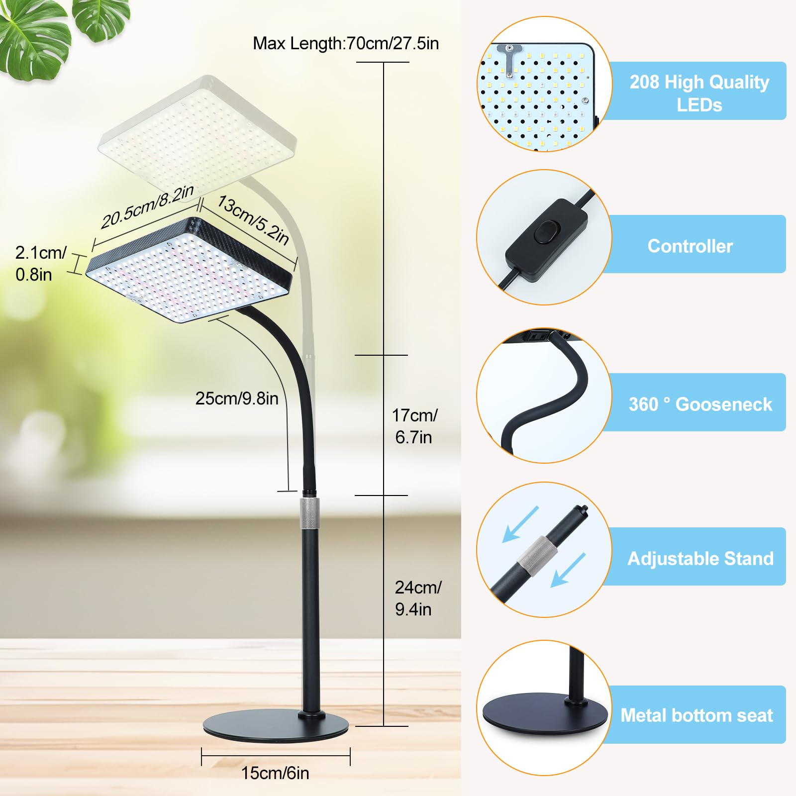 FRGROW Grow Lights for Indoor Plants Full Spectrum, 200W LED Grow Lights Table Top Plant Lights for Indoor Growing, 208 LEDs Desk Grow Lights for Seed Starting Seedlings, Daisy Chain, Dimmable Height