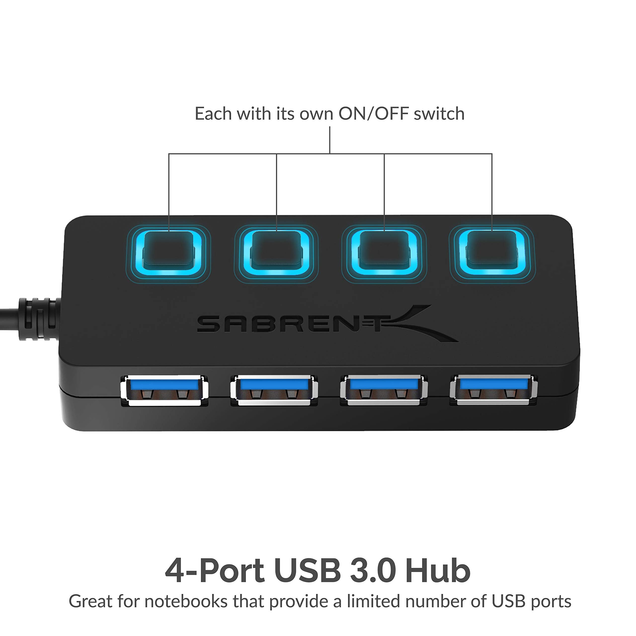 SABRENT 4-Port USB 3.0 Hub with Individual LED Power Switches - Slim, Portable Design - 2 Ft Cable - Fast Data Transfer - Compatible with Mac & PC (HB-UM43)
