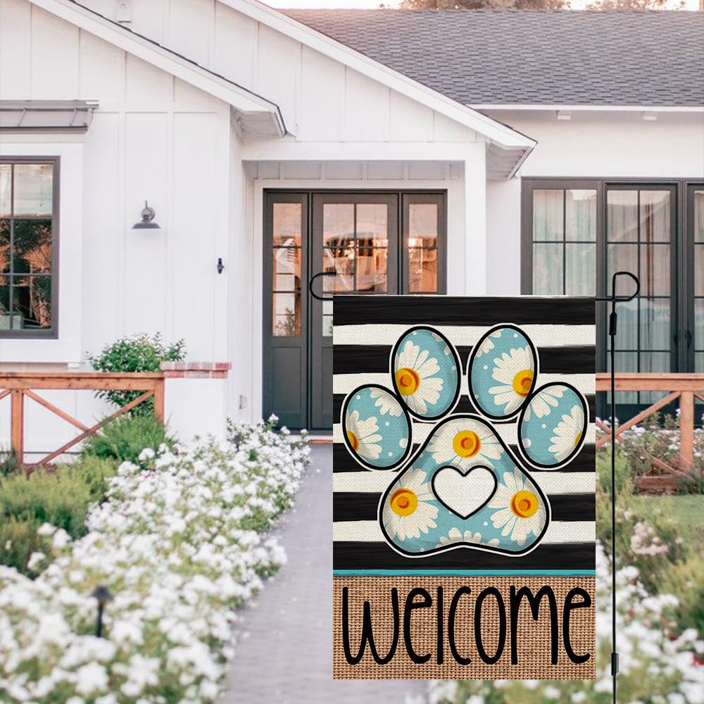 CROWNED BEAUTY Spring Garden Flag Paw Print 12x18 Inch Double Sided Small Burlap Holiday Stripes Flag for Outside Yard Welcome (Daisy) CF1567-12