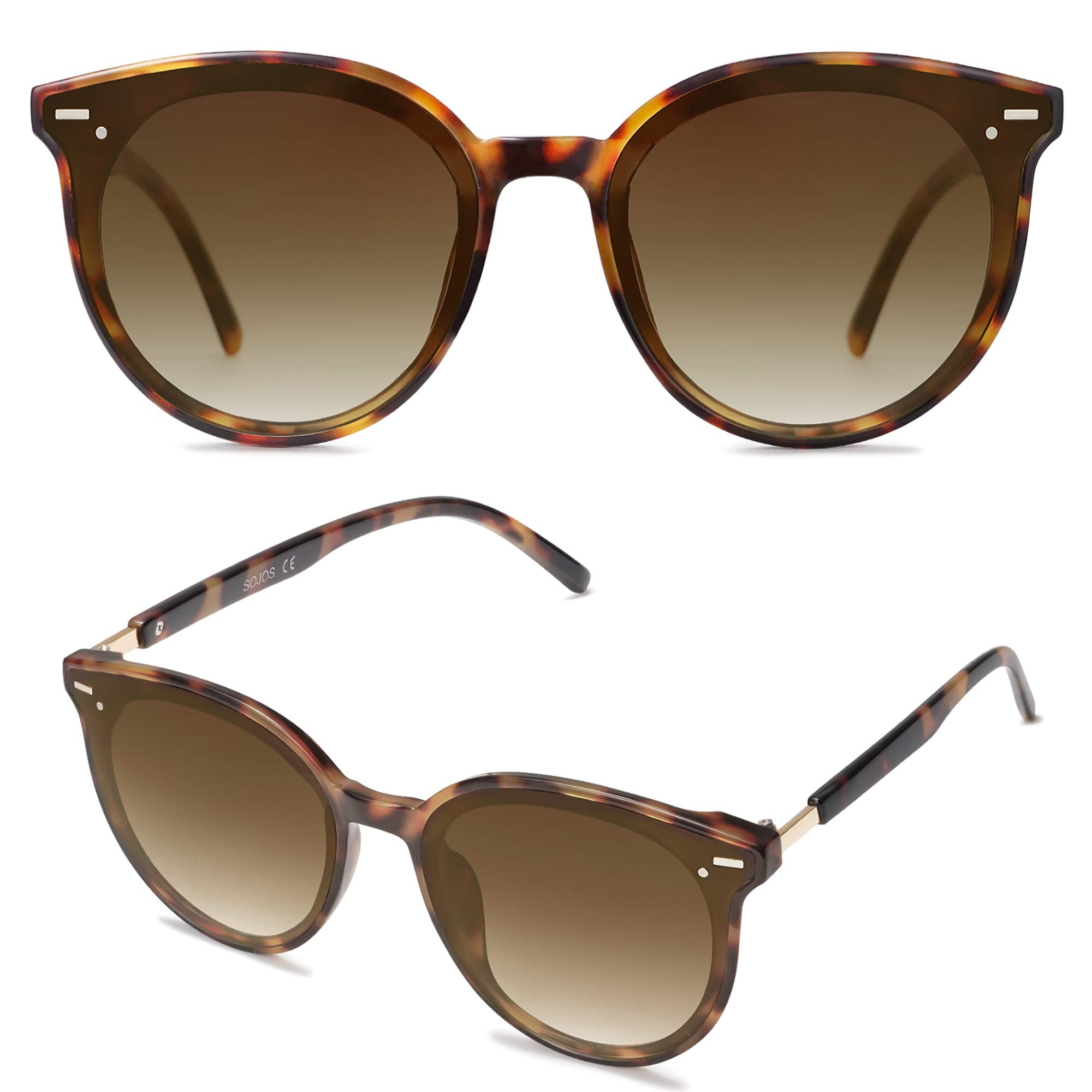 SOJOS Classic Round Sunglasses for Women Men Retro Vintage Large Plastic Frame BLOSSOM SJ2067 with Yellow Tortoise Frame/Gradient Brown Lens
