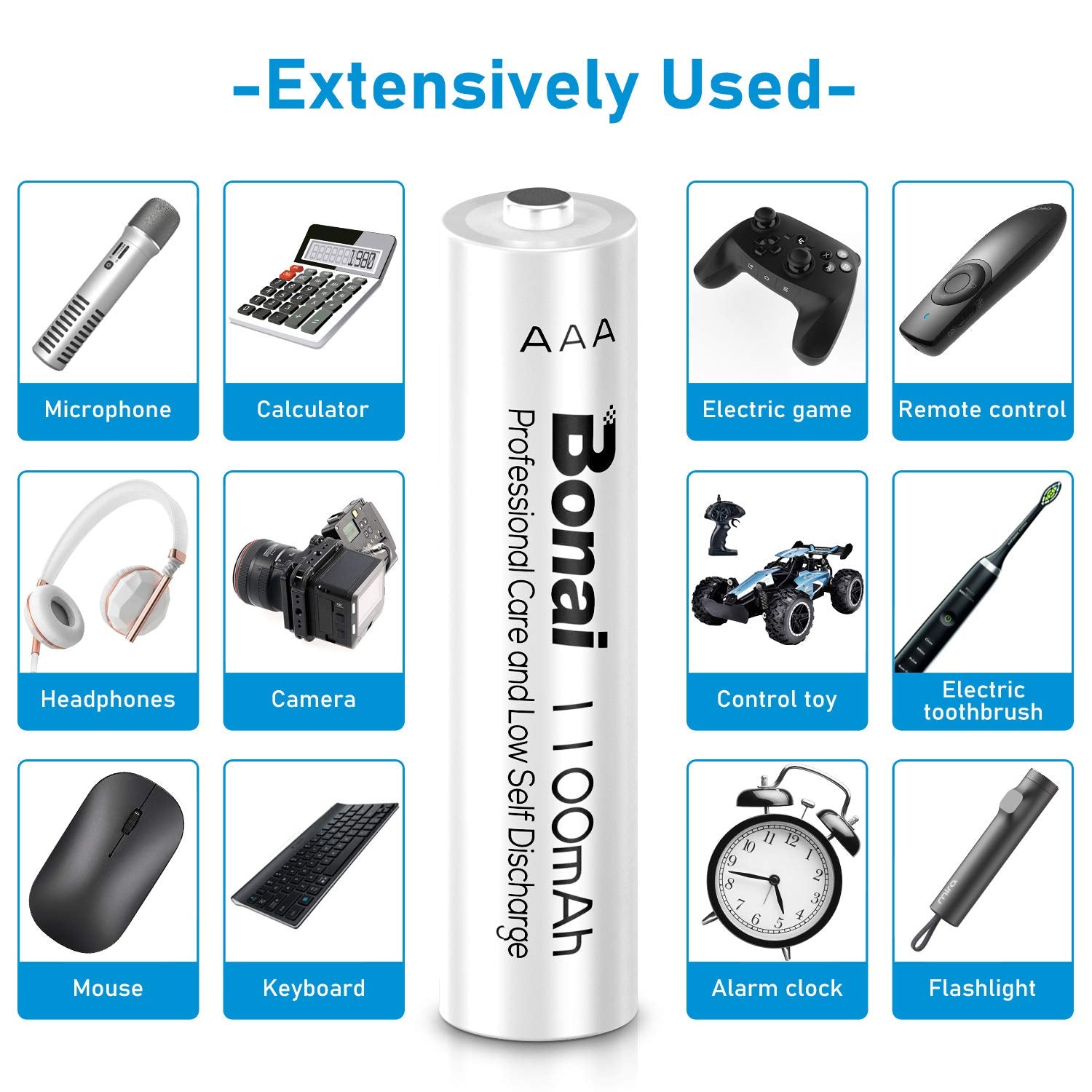 BONAI Rechargeable AAA Batteries • 1100 MAh • NiMH High-Capacity • Recharge up to 1200x • 16-Pack Pre-Charged
