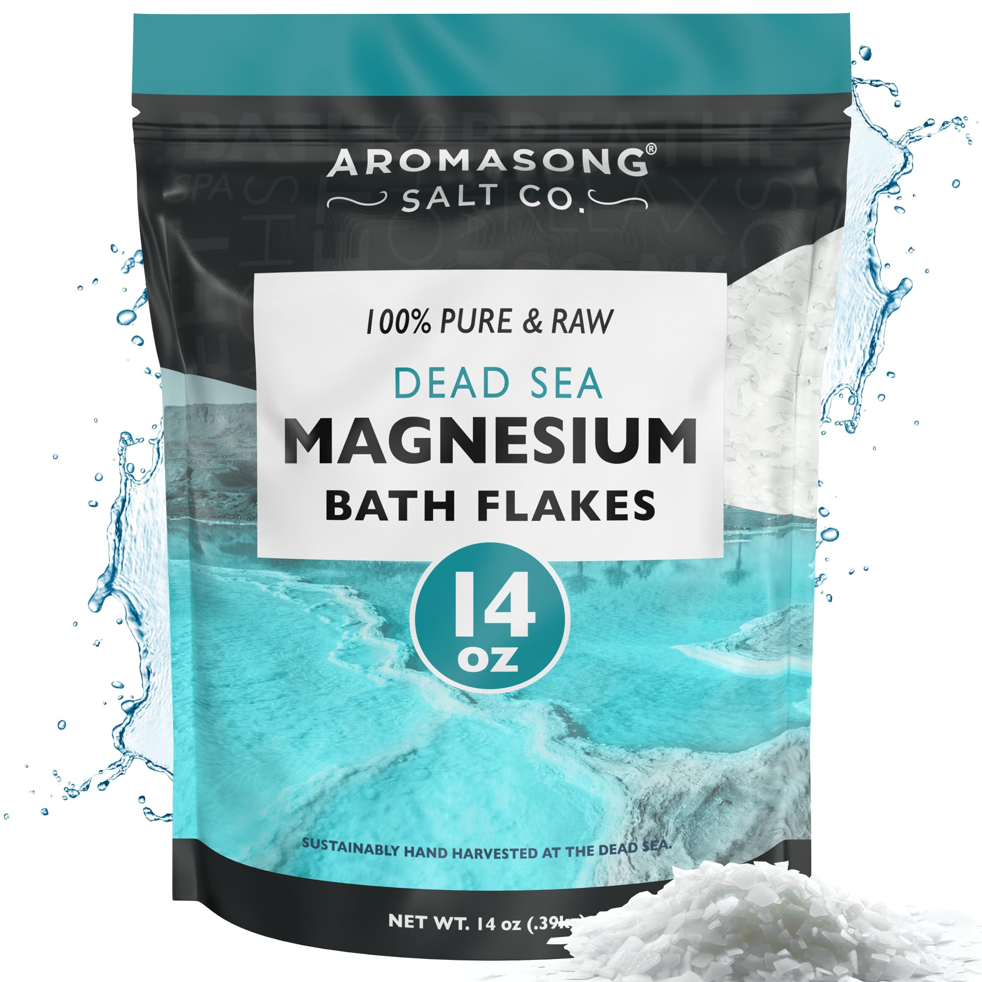 Aromasong Magnesium Flakes from The Dead Sea, 14 OZ. Resealable Pack- Muscle Relaxing Magnesium Chloride Bath Salts Soak.