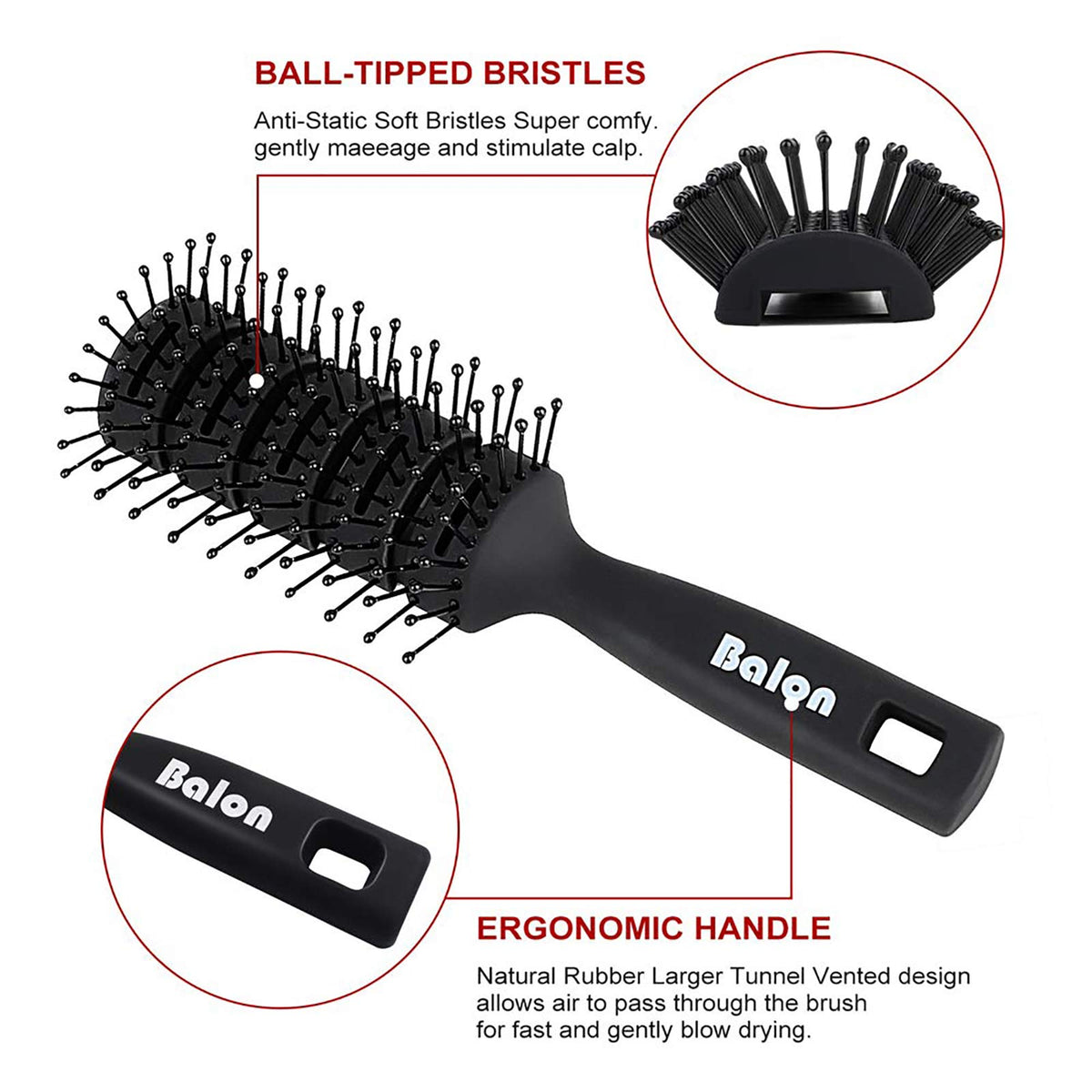 Vent Hair Brush, 11 Row Vented Hairbrush for Men and Women, Vent Brushes With Ball Tipped Bristles for Wet Short Curly Straight Hair Blow Drying Quickly(Black)