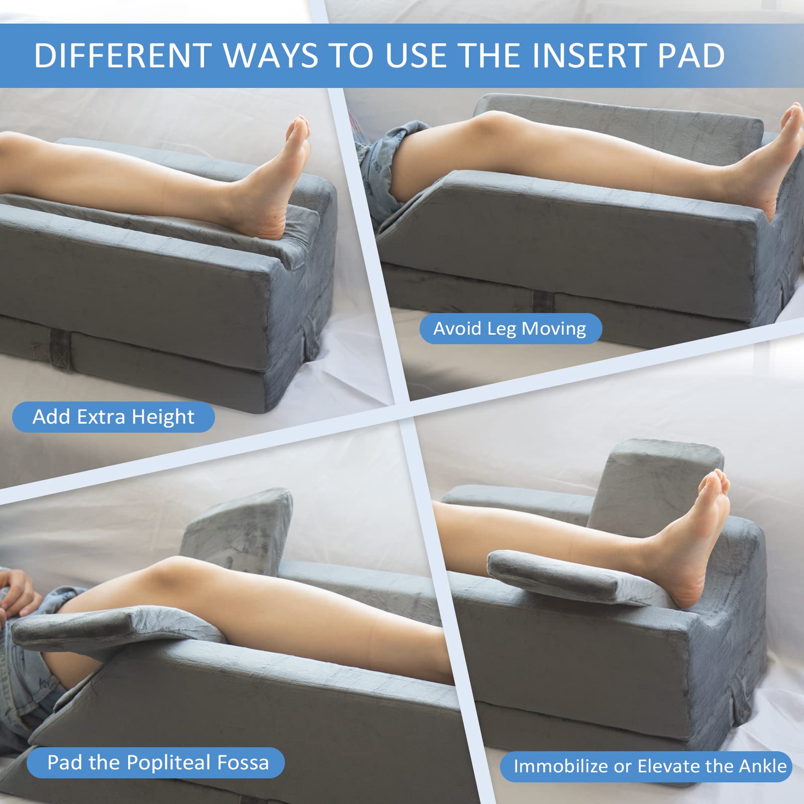 KingPavonini 4-Height Adjustable Leg Elevation Pillows for After Surgery, Injuries, or Rest, Memory Foam Leg Pillows for Sleeping with 3 Handles and Insert Pad, Washable Velvet Cover