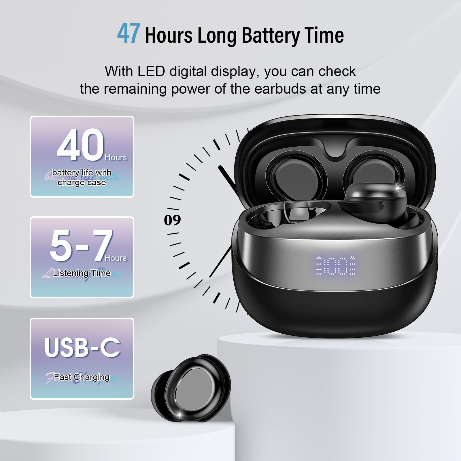 DUSONLAP Sleep Earbuds Bluetooth 5.4 in Ear Light-Weight Headphones, Mini Sleep Headphones Small Design for Side Sleepers, 47H Playtime with Charging Case, Clear Calls Earphones, Black