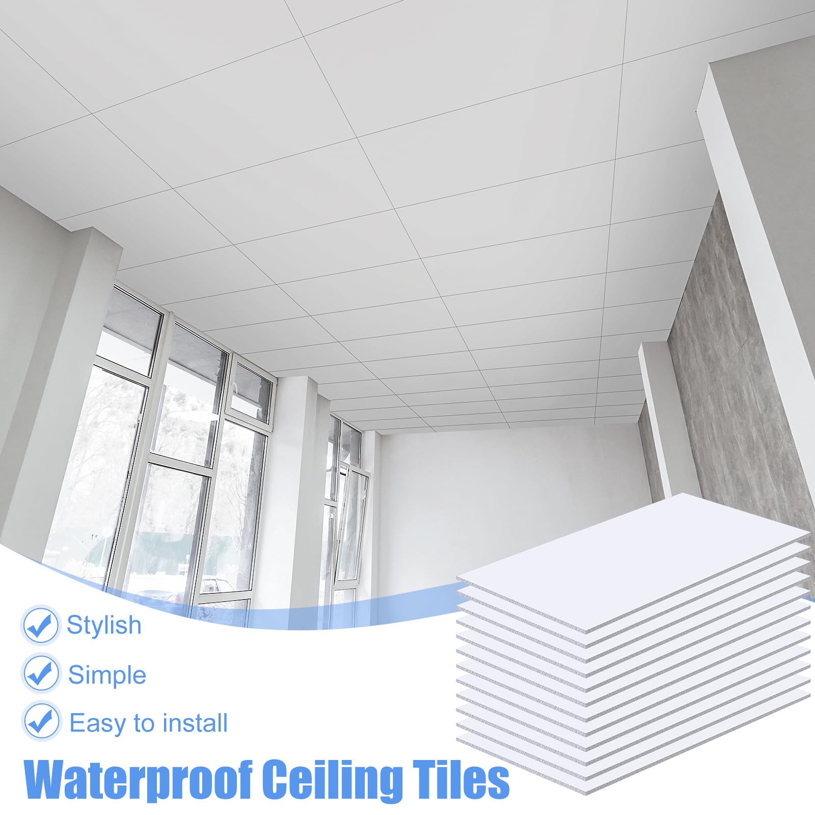 Sasylvia 12 Pcs White Drop Ceiling Tile Smooth Drop Ceiling Tile Drop in Installation Waterproof Washable and Fire Rated Ceiling Panel PVC Ceiling Tiles to Keep Away Breakage (12 Pcs,4 x 2 ft)