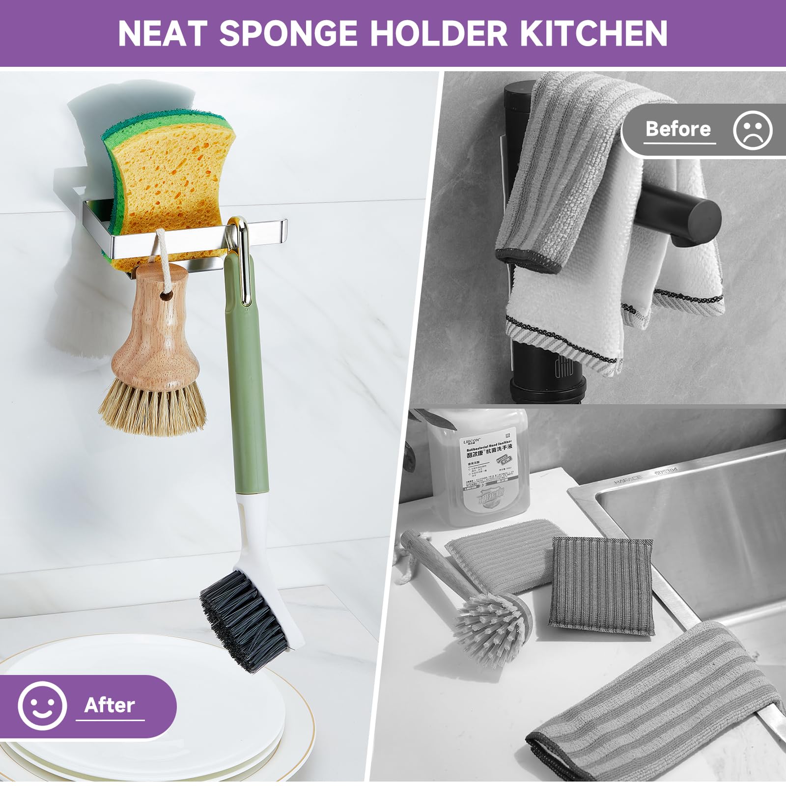 XILIMEN Sink Caddy Sponge Holder for Kitchen Sink Dish Cloth Hanger, Stainless Steel Sink Caddy Organizer Rack, 2-in-1 Adhesive Kitchen Sink Caddy for Sponge, Dish Cloth, Brush, Scrubber, Soap